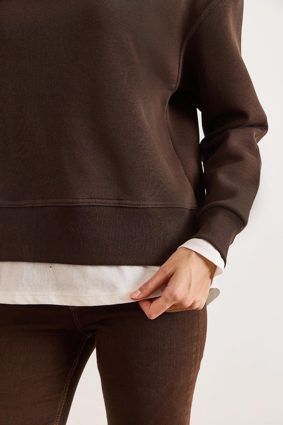 Penye Detaylı Şardonlu Kalın Sweatshirt Kahverengi