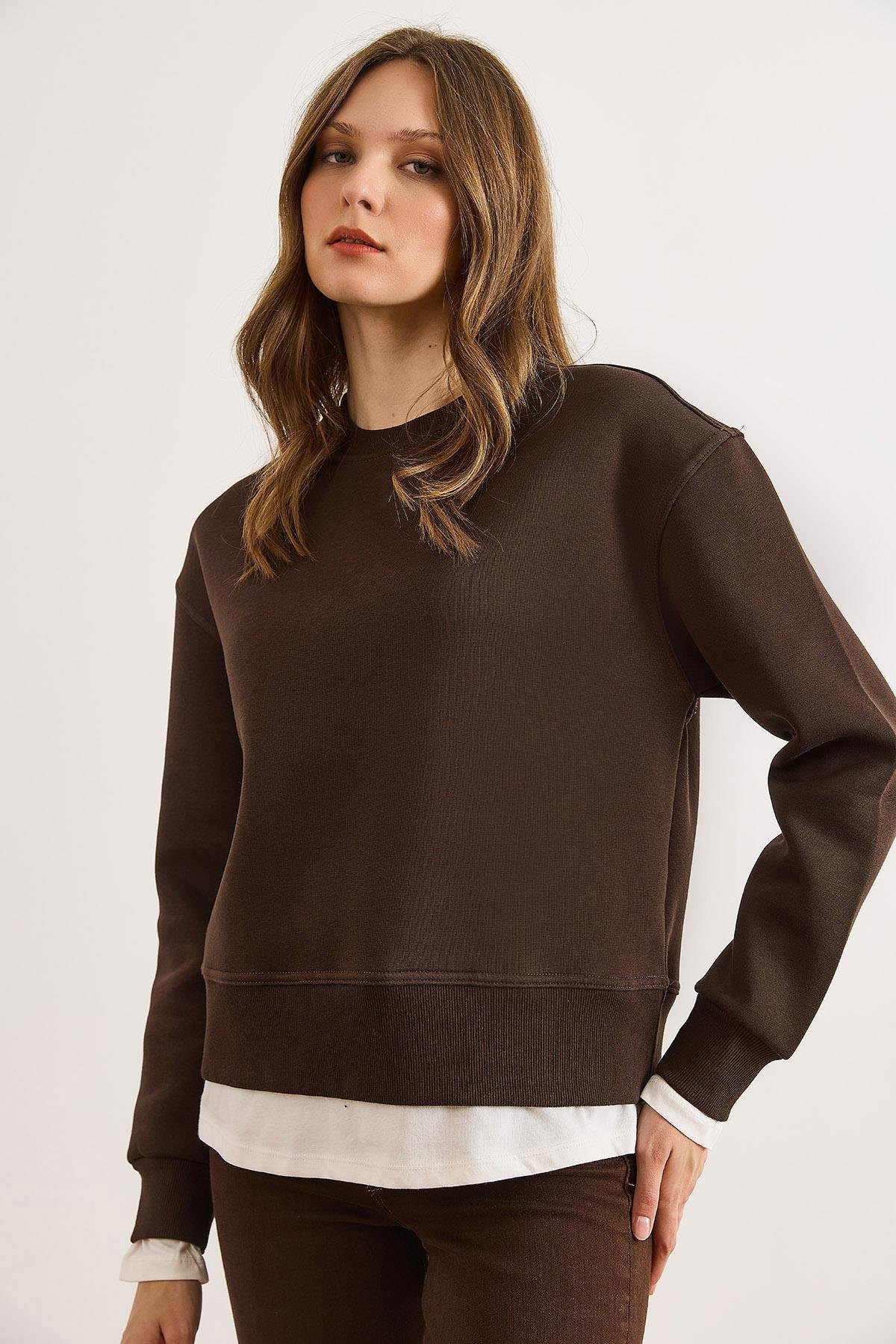 Penye Detaylı Şardonlu Kalın Sweatshirt Kahverengi