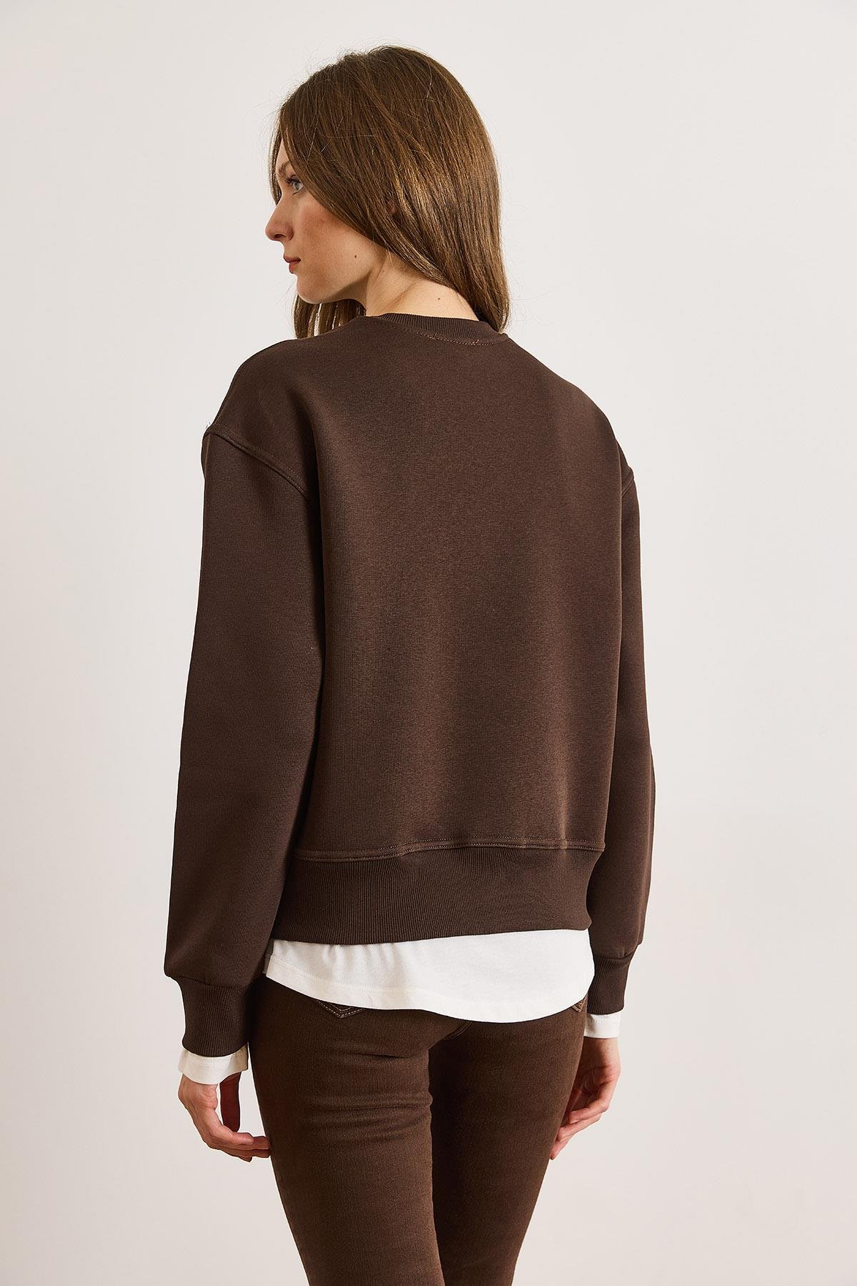 Penye Detaylı Şardonlu Kalın Sweatshirt Kahverengi