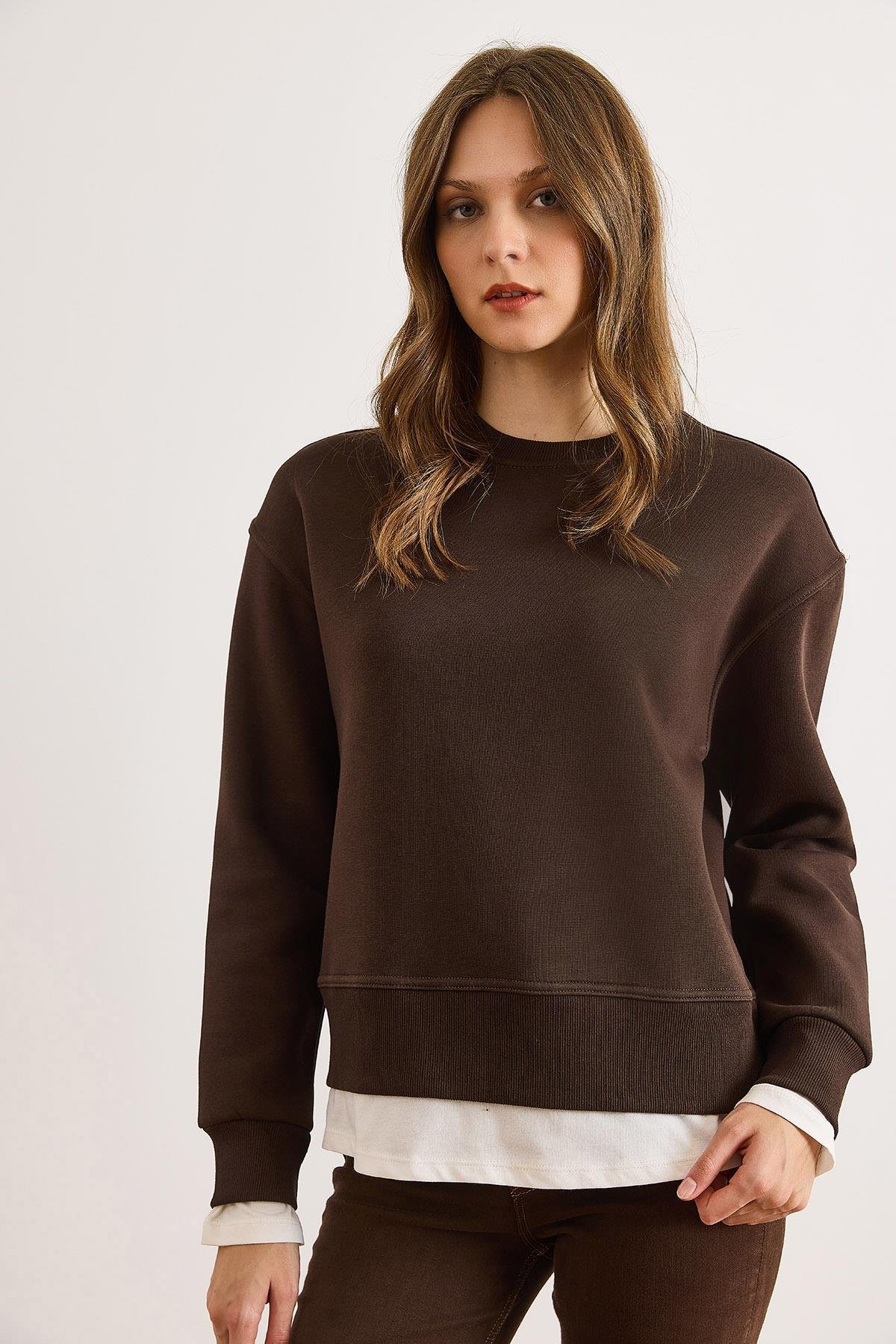 Penye Detaylı Şardonlu Kalın Sweatshirt Kahverengi