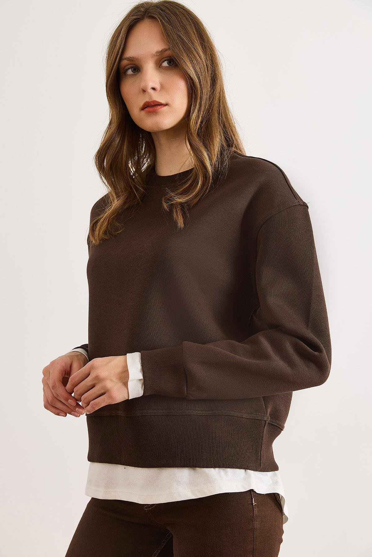Penye Detaylı Şardonlu Kalın Sweatshirt Kahverengi
