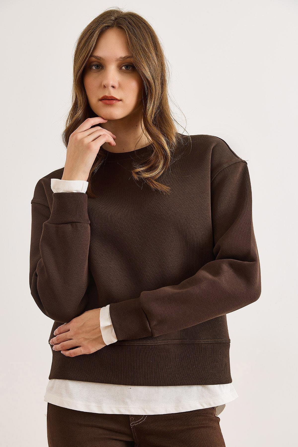 Penye Detaylı Şardonlu Kalın Sweatshirt Kahverengi