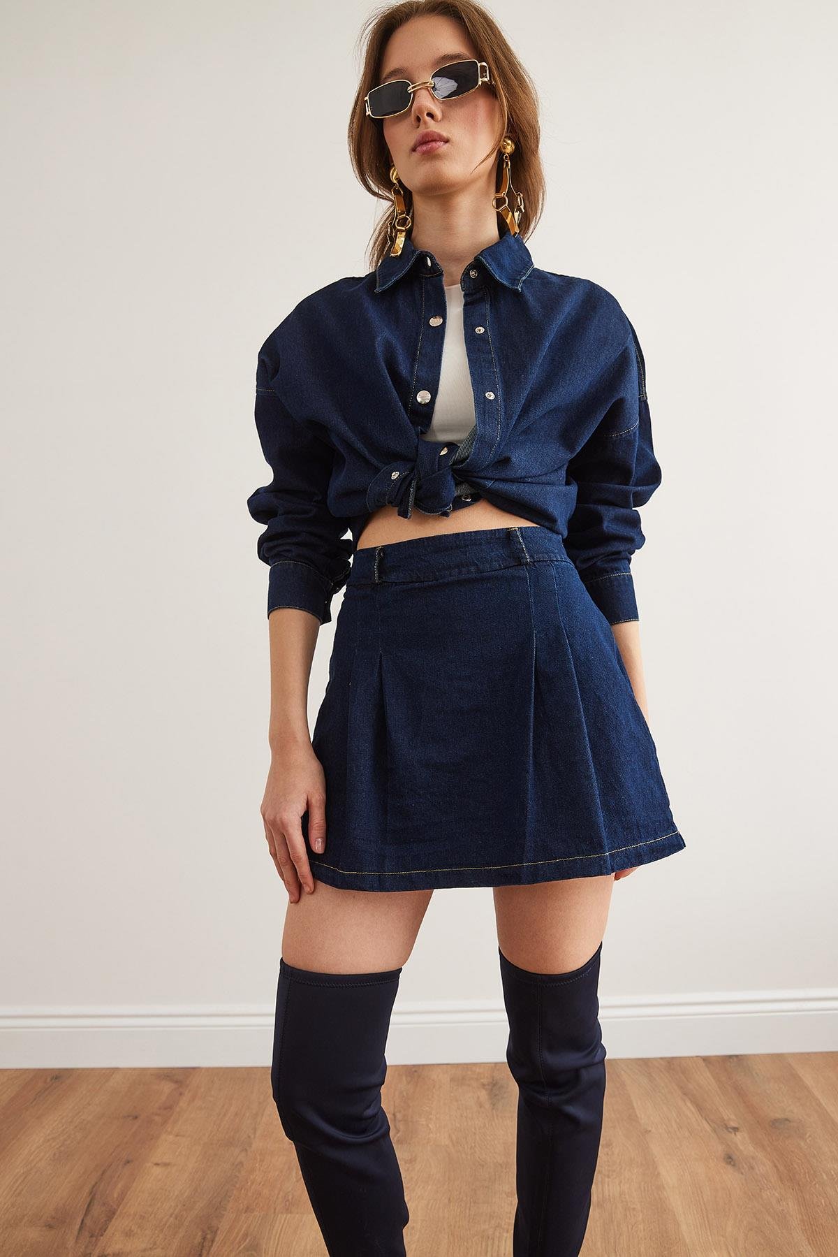 Pileli Fermuarlı Mini Denim Etek 9936 Mavi