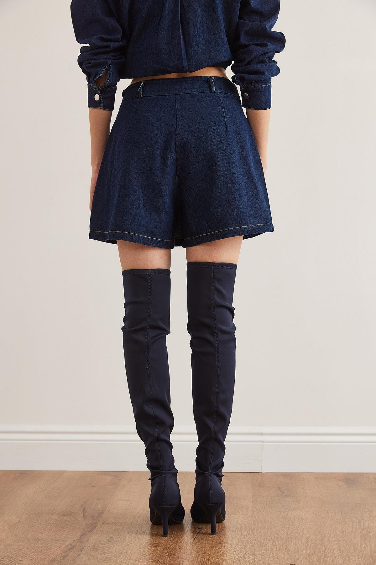 Pileli Fermuarlı Mini Denim Etek 9936 Mavi