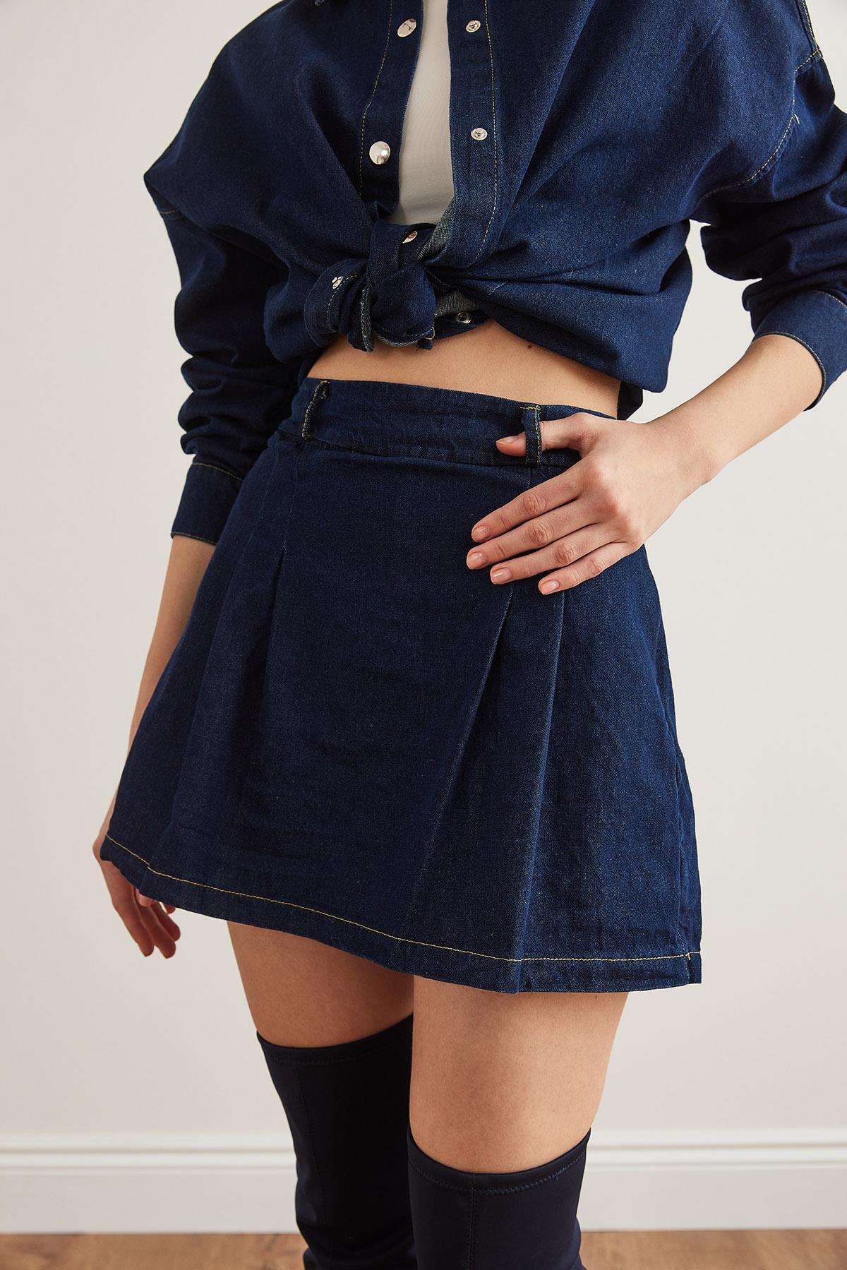 Pileli Fermuarlı Mini Denim Etek 9936 Mavi