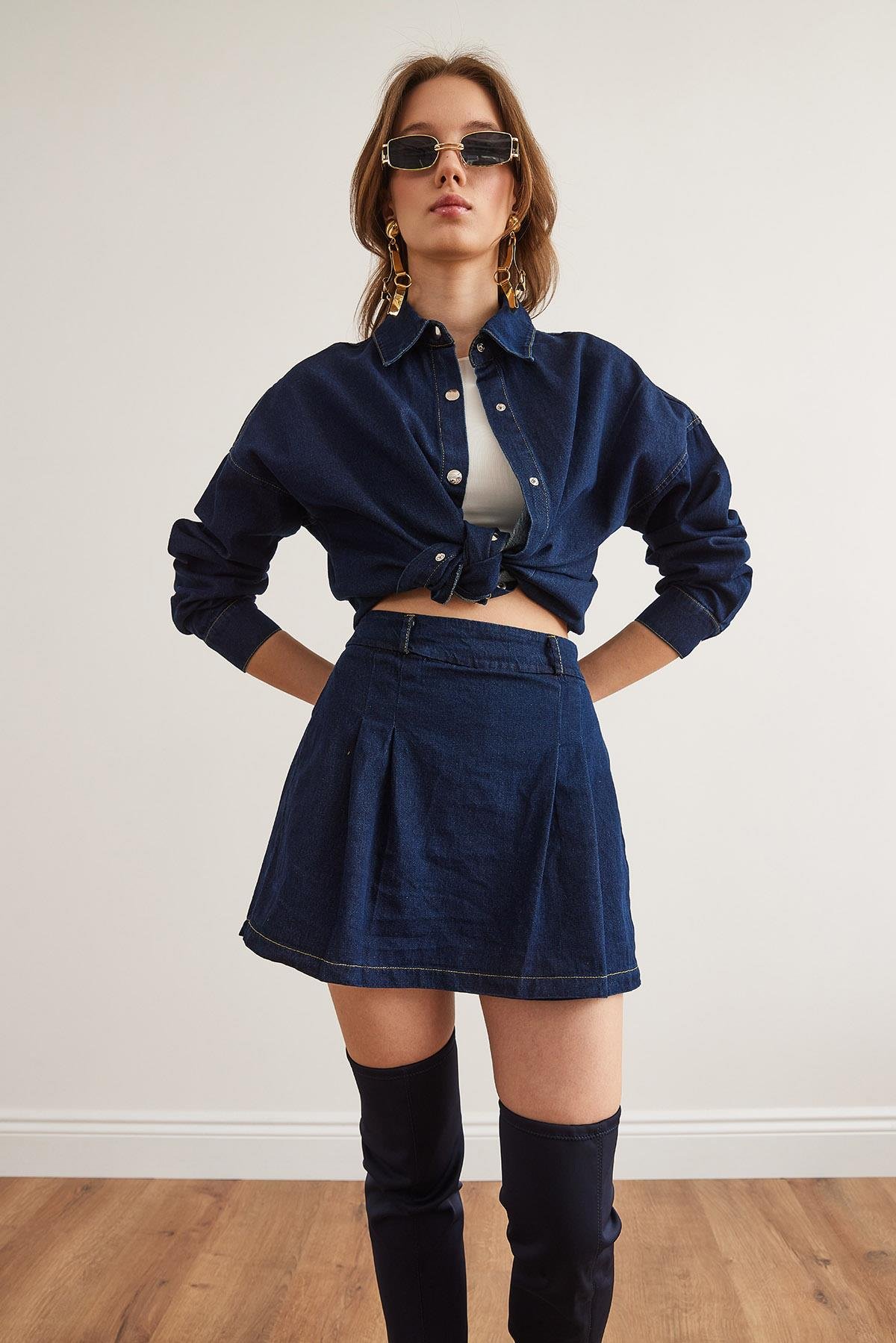 Pileli Fermuarlı Mini Denim Etek 9936 Mavi