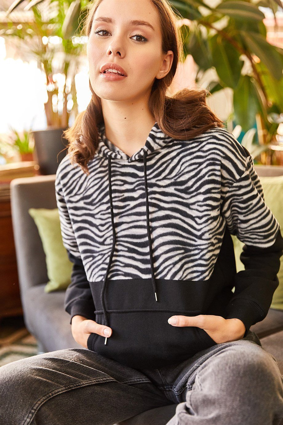 Polar Detaylı İçi Polarlı Kalın Sweatshirt Zebra Siyah