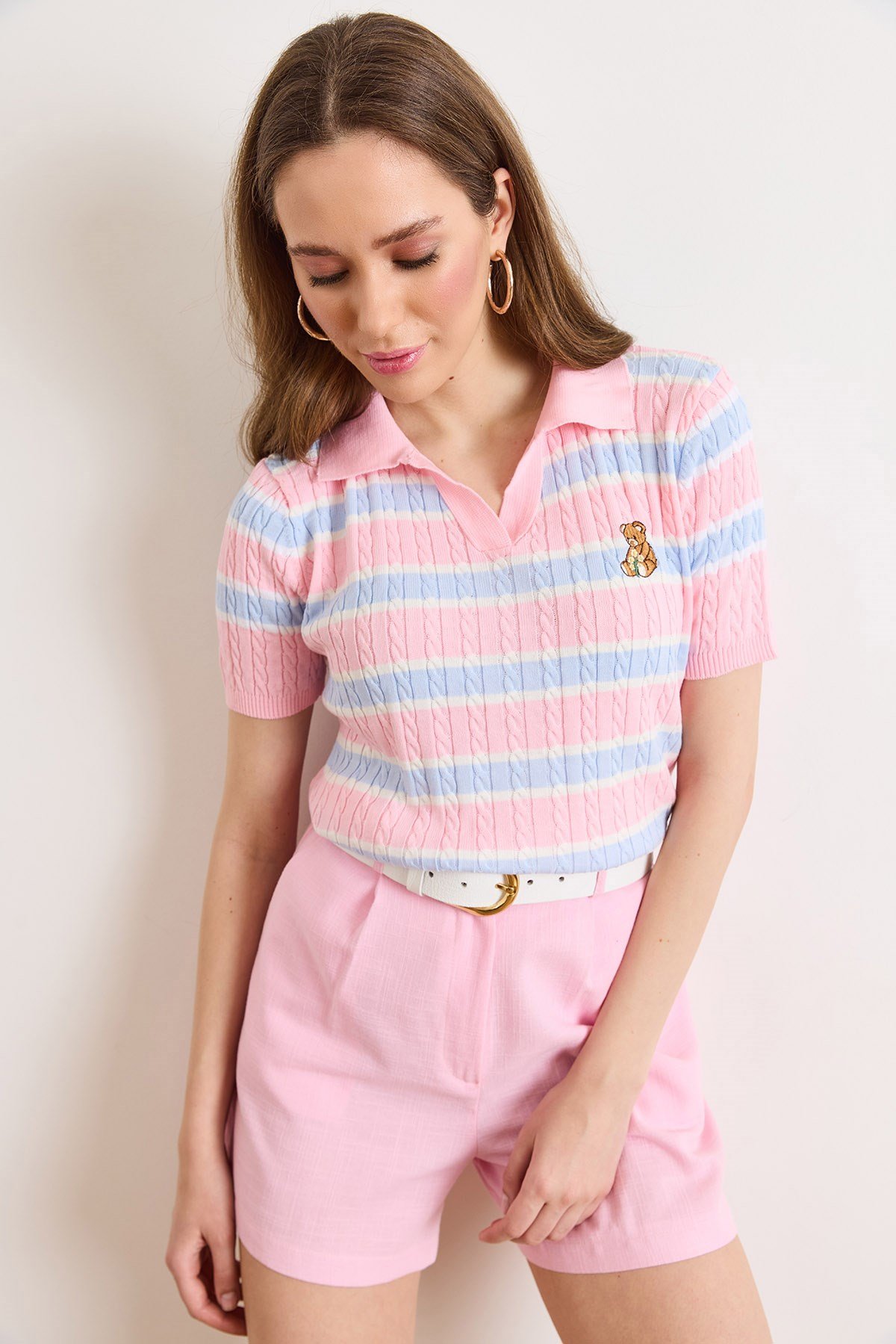 Polo Yaka Ayıcık Nakışlı Mevsimlik Triko Bluz Pembe