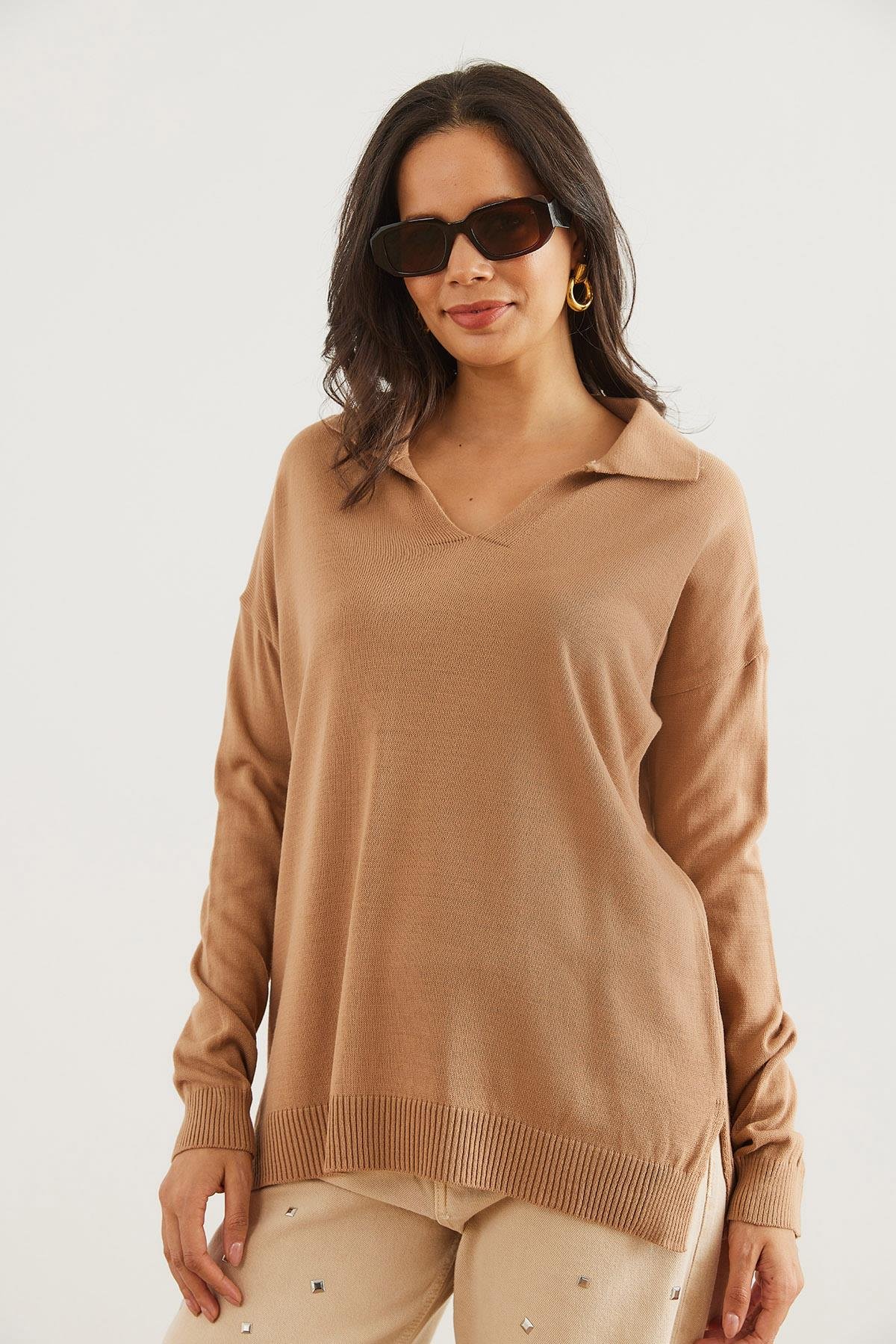 Polo Yaka Basic Triko Kazak Camel