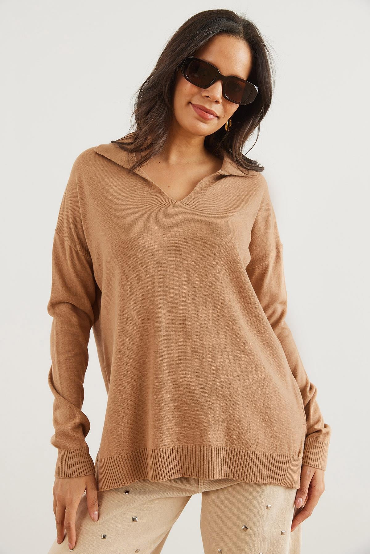 Polo Yaka Basic Triko Kazak Camel