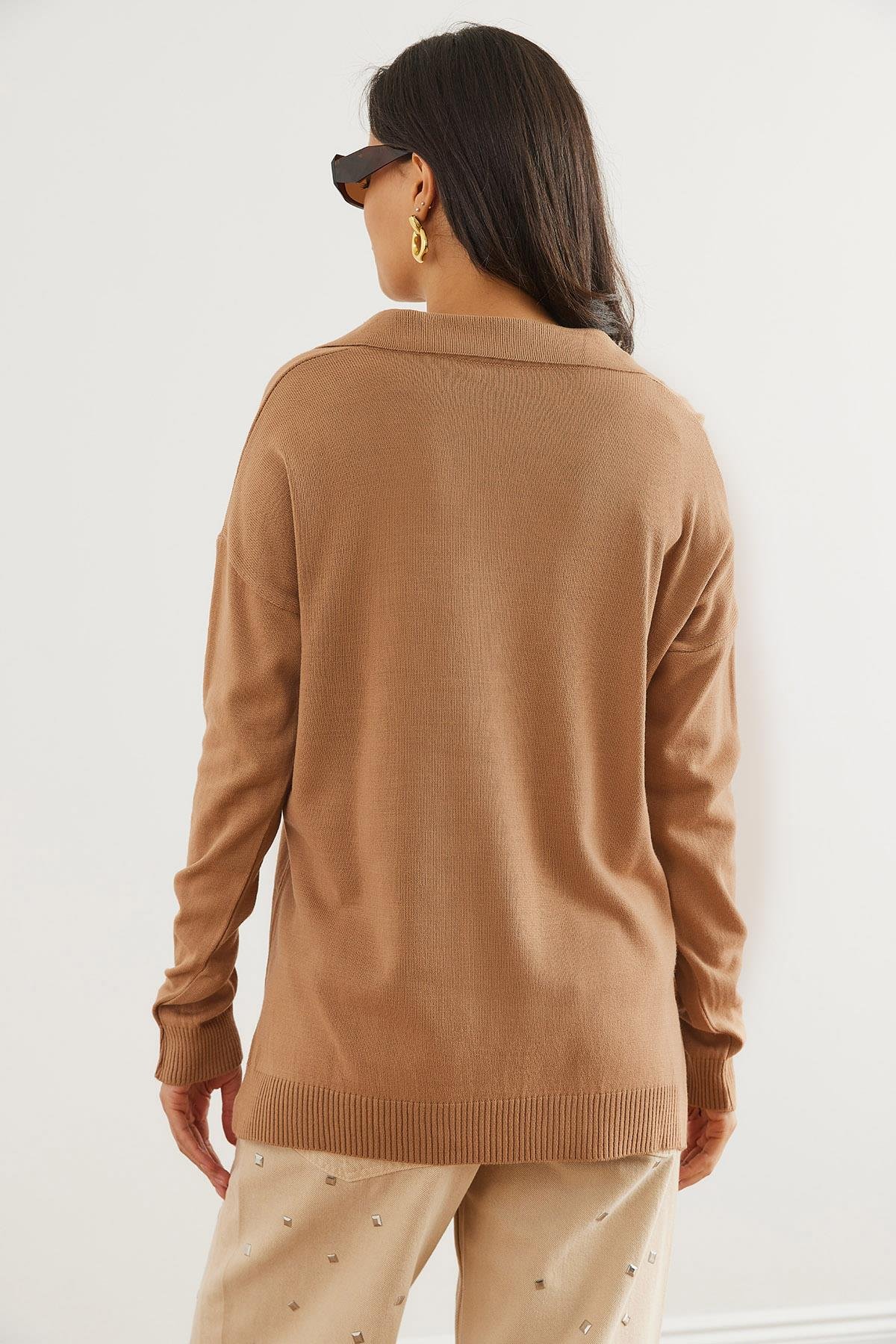 Polo Yaka Basic Triko Kazak Camel