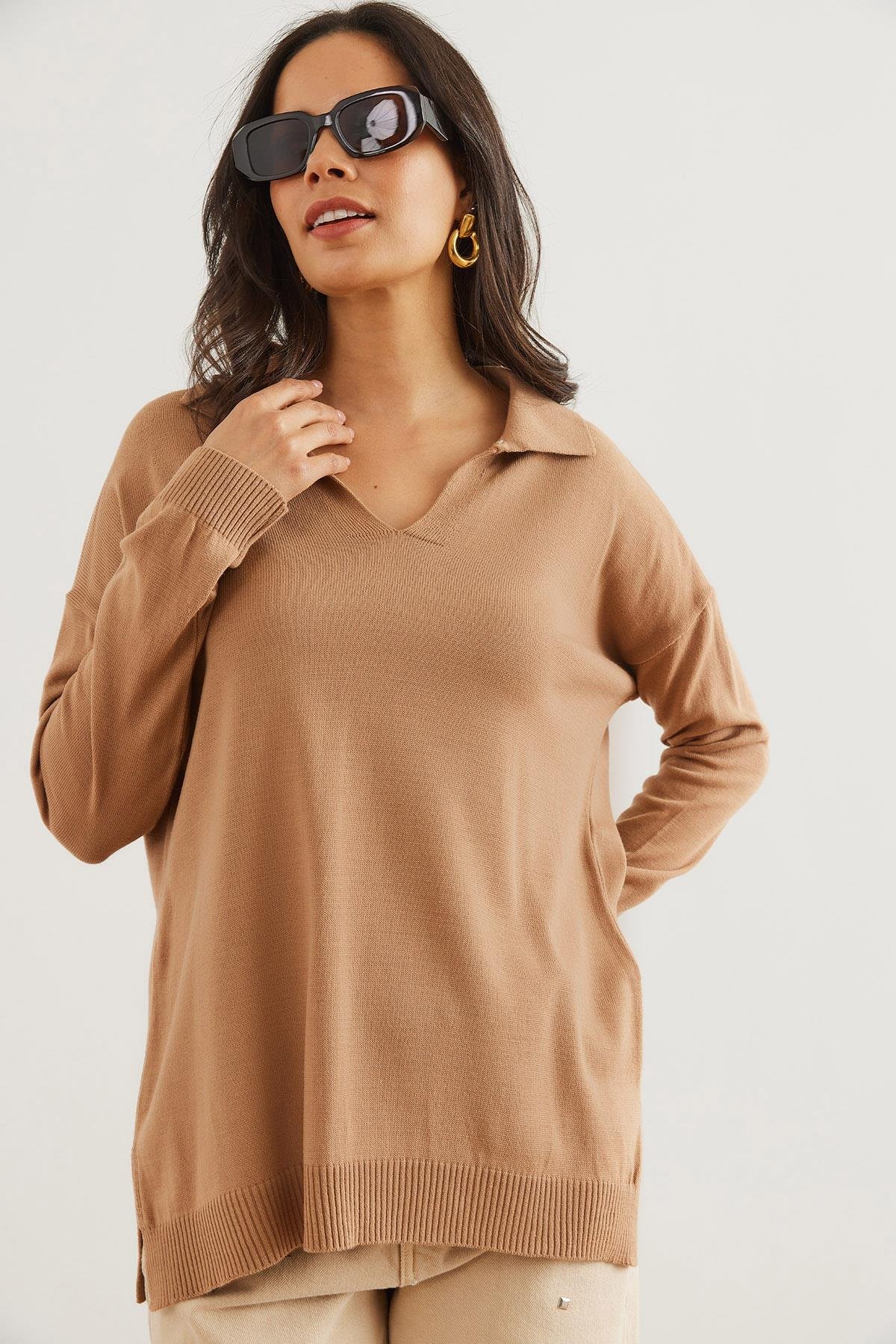 Polo Yaka Basic Triko Kazak Camel