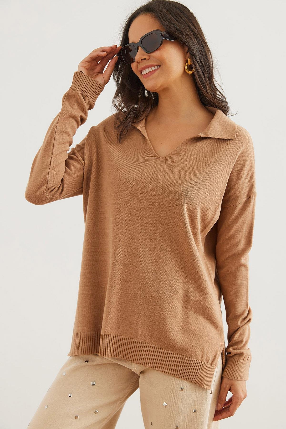 Polo Yaka Basic Triko Kazak Camel