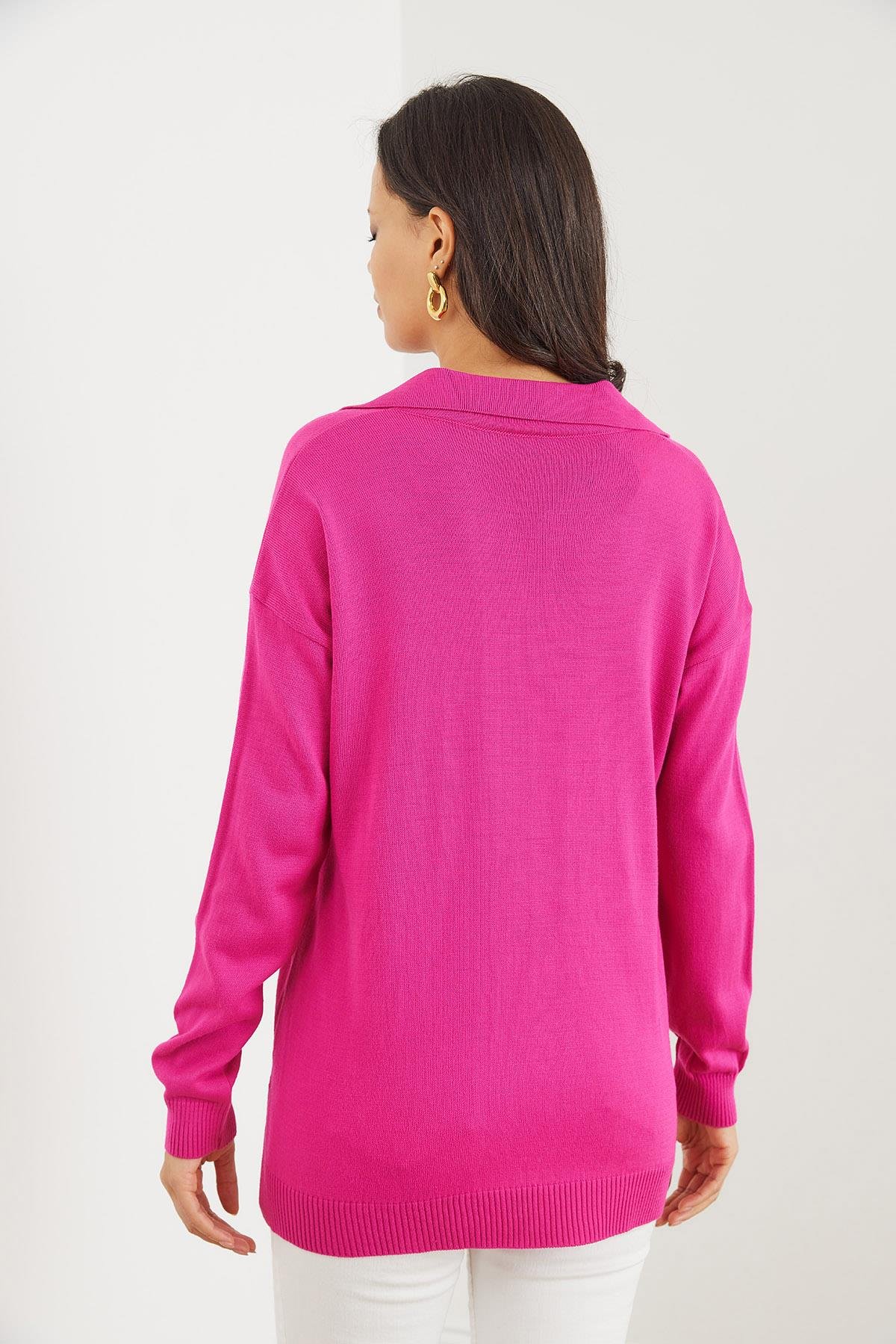 Polo Yaka Basic Triko Kazak Fuşya