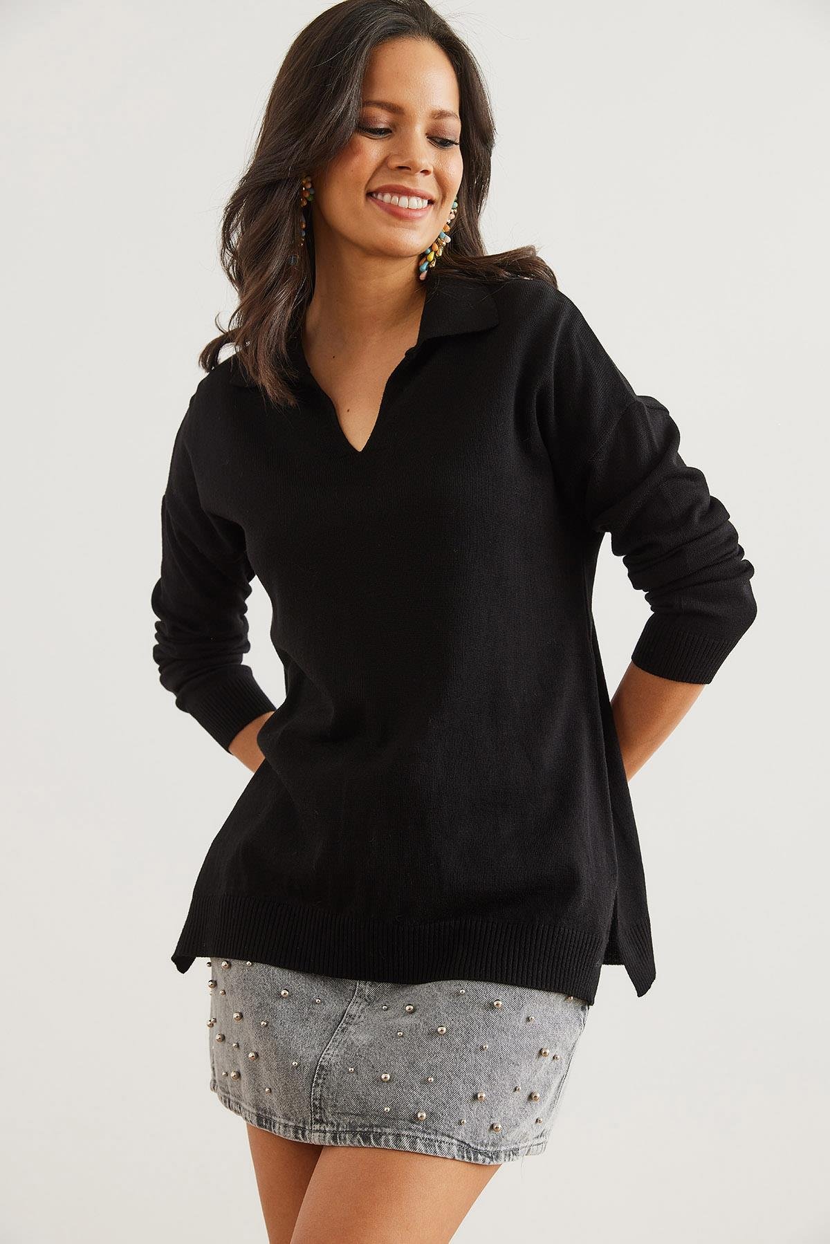 Polo Yaka Basic Triko Kazak Siyah
