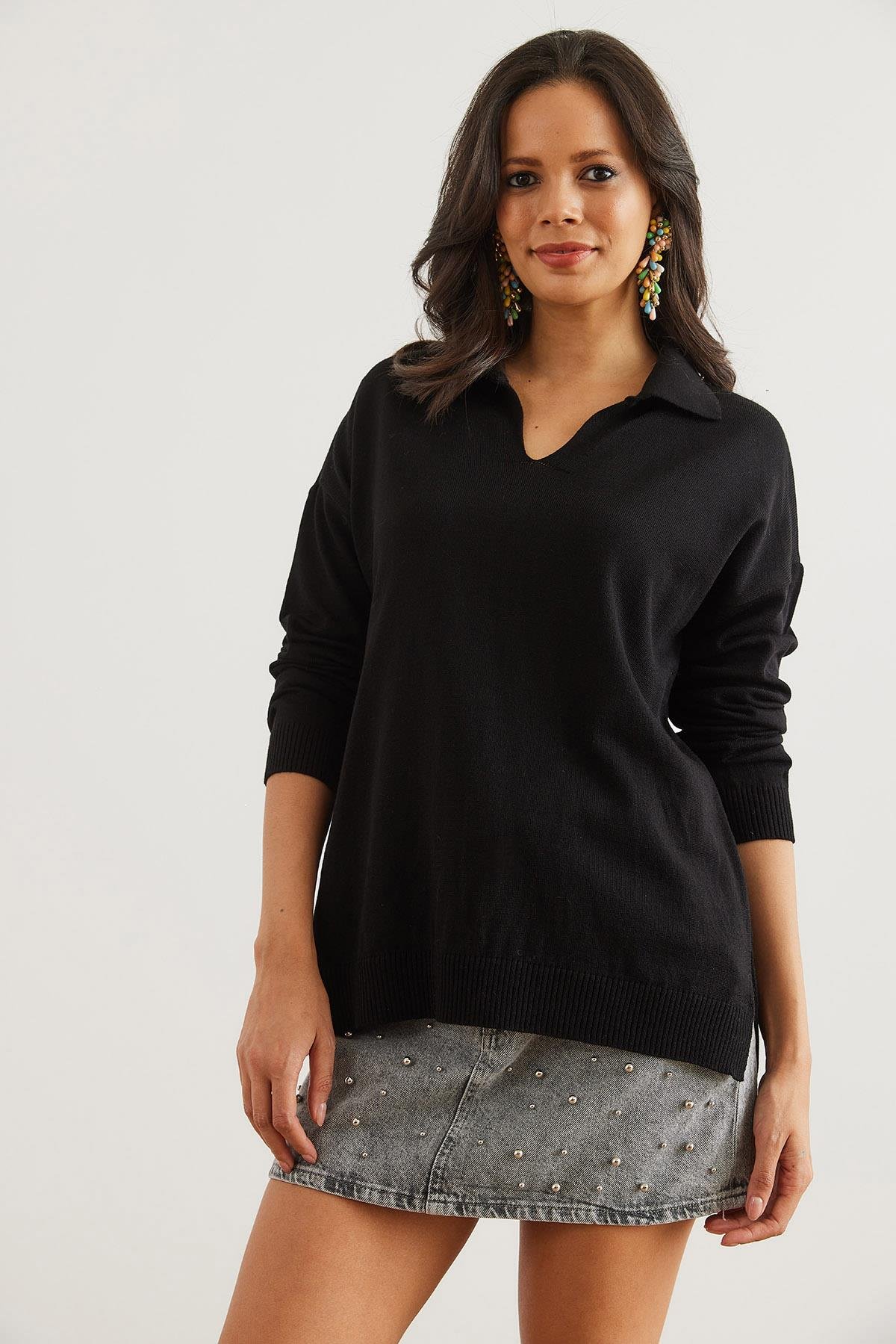Polo Yaka Basic Triko Kazak Siyah