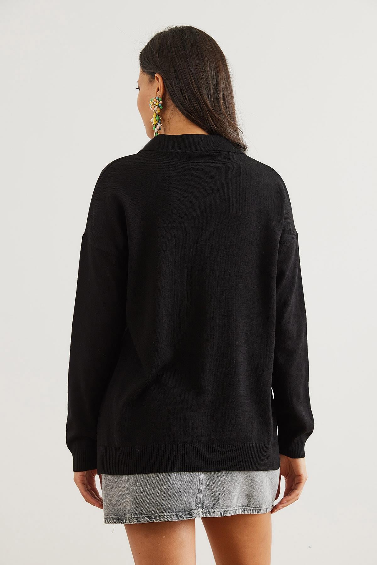 Polo Yaka Basic Triko Kazak Siyah