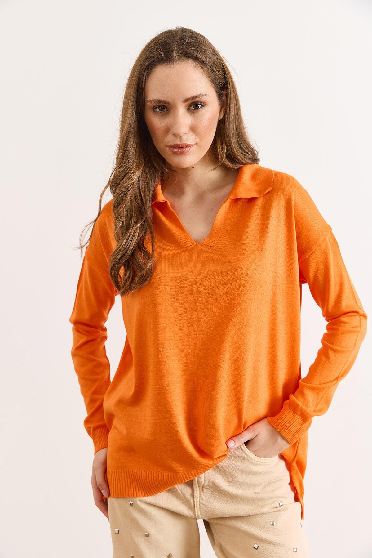 Polo Yaka Basic Triko Kazak Turuncu