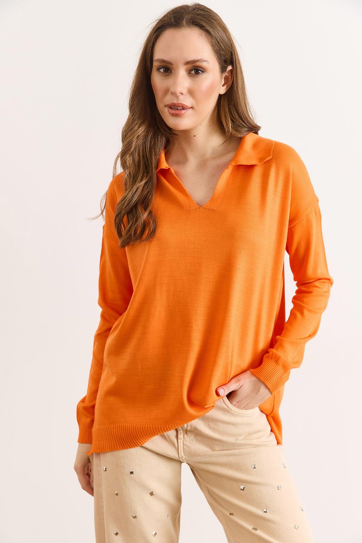 Polo Yaka Basic Triko Kazak Turuncu