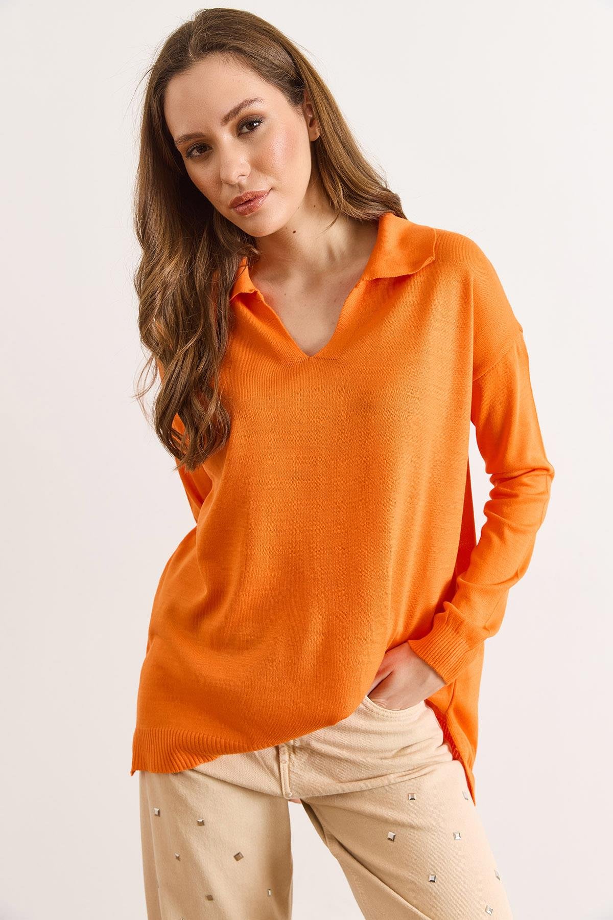 Polo Yaka Basic Triko Kazak Turuncu