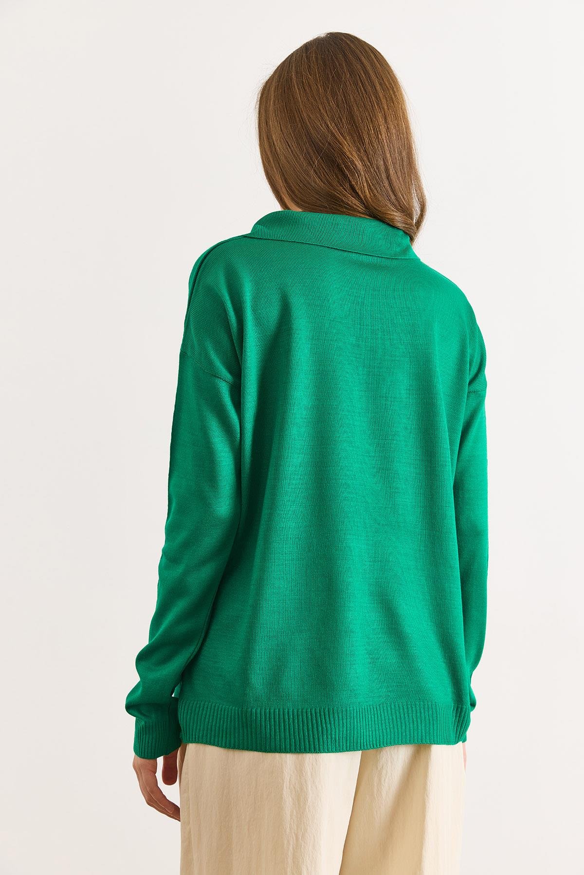Polo Yaka Basic Triko Kazak Yeşil