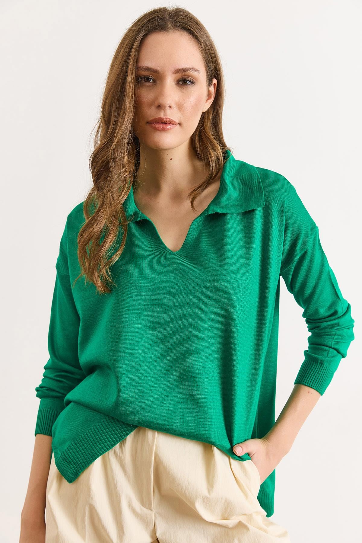 Polo Yaka Basic Triko Kazak Yeşil