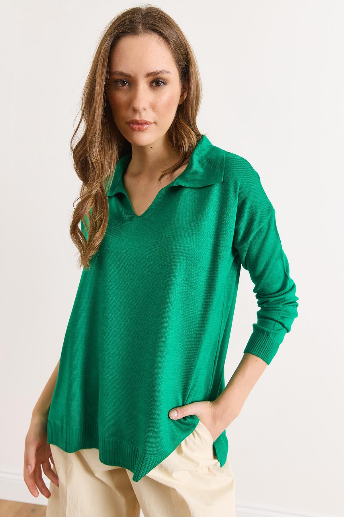 Polo Yaka Basic Triko Kazak Yeşil