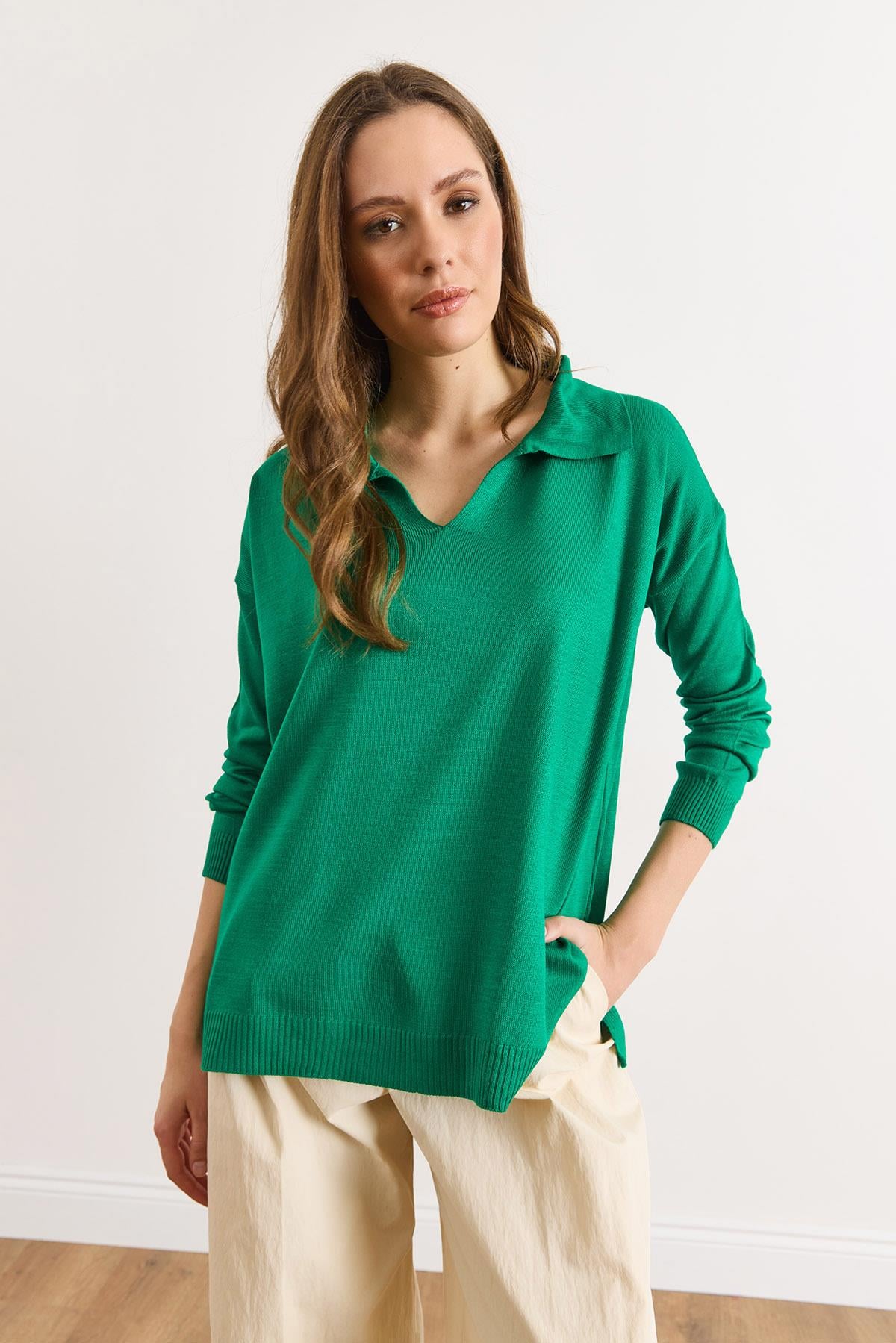 Polo Yaka Basic Triko Kazak Yeşil