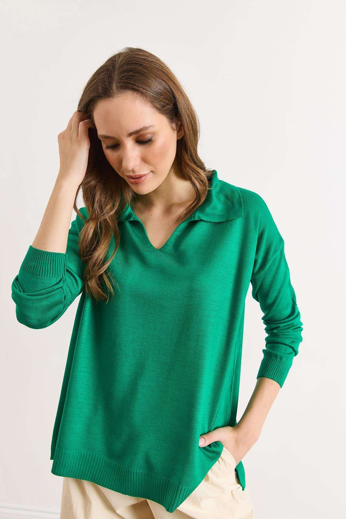 Polo Yaka Basic Triko Kazak Yeşil
