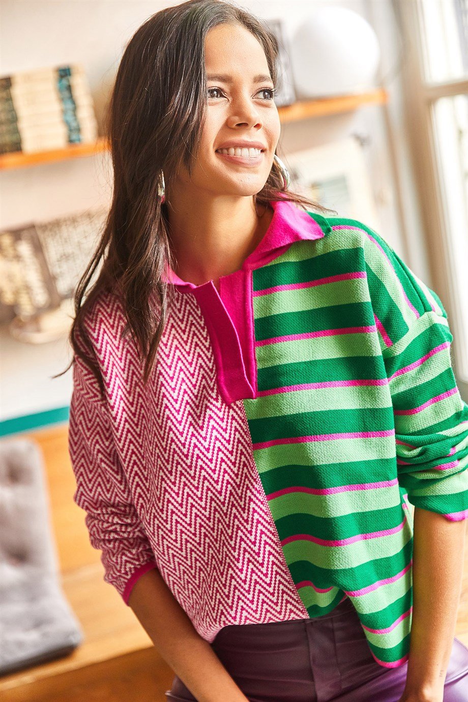Polo Yaka Bloklu Oversize Triko Kazak Fuşya Yeşil