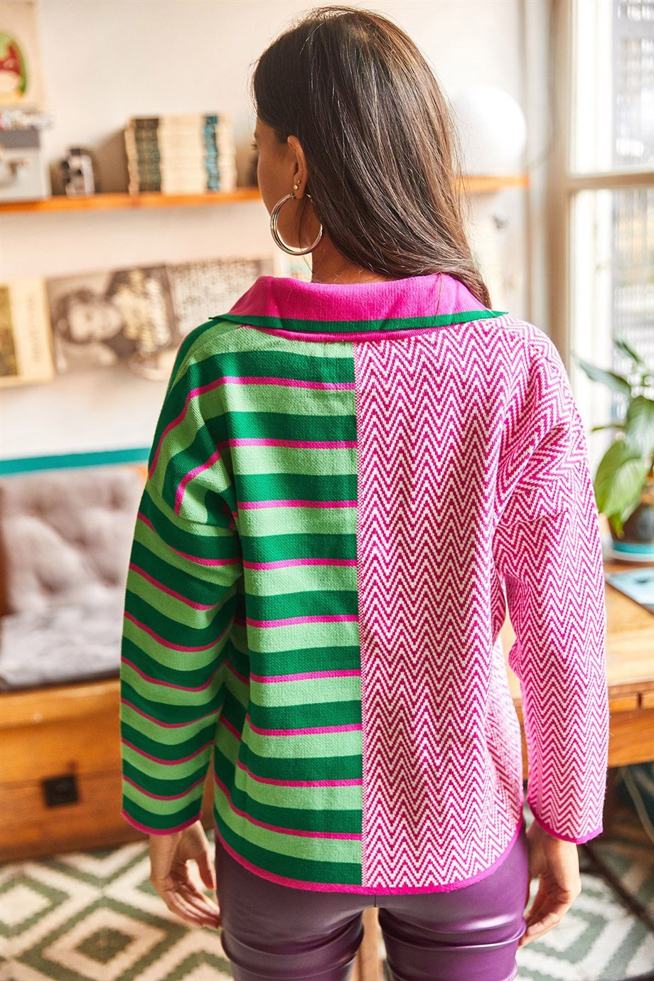 Polo Yaka Bloklu Oversize Triko Kazak Fuşya Yeşil