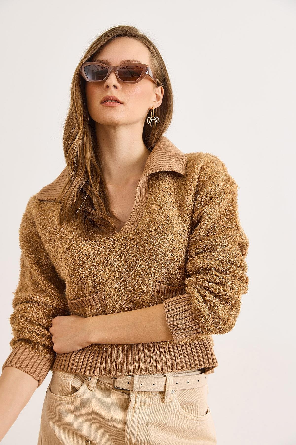 Polo Yaka Cepli Dokulu Crop Triko Kazak Camel