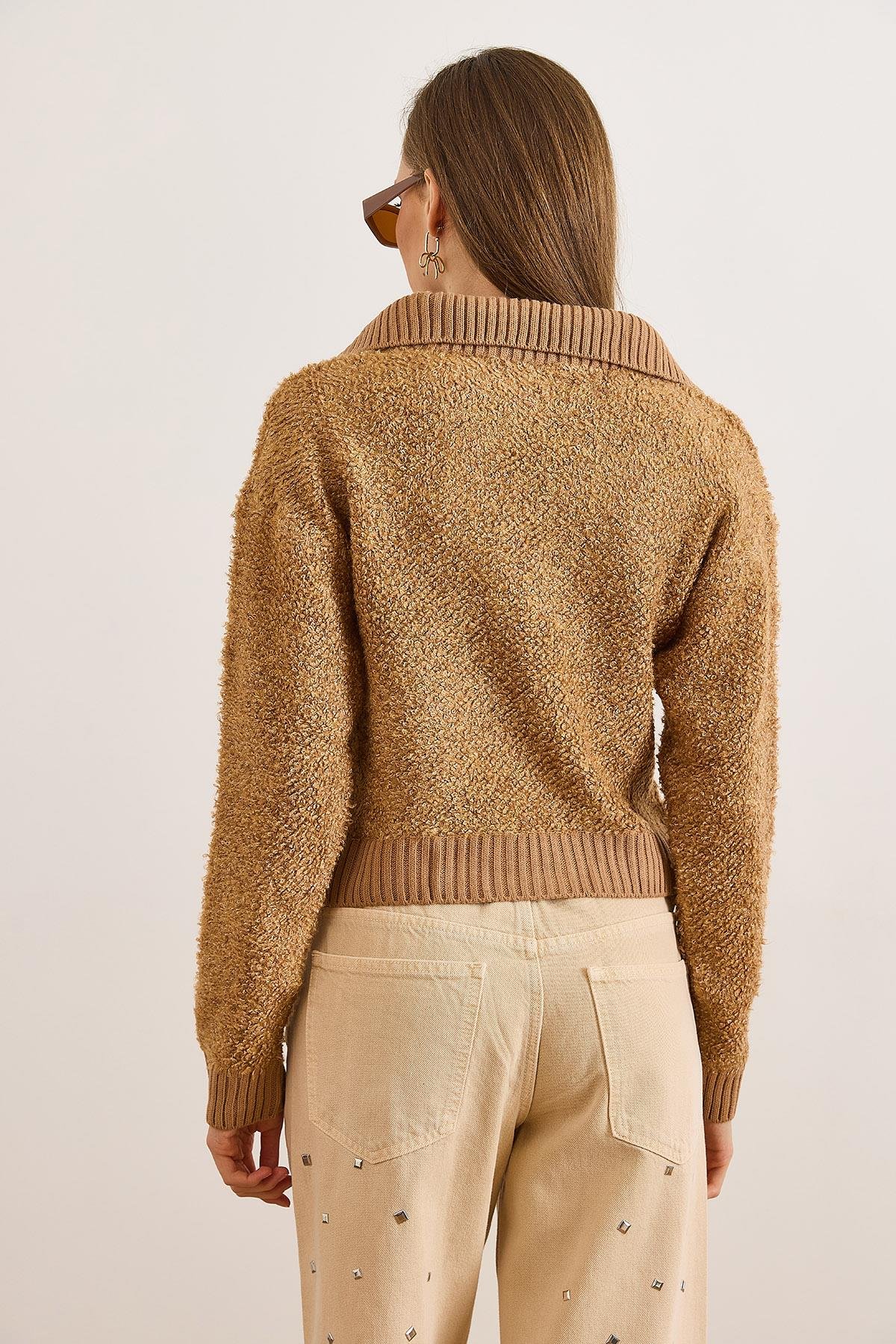 Polo Yaka Cepli Dokulu Crop Triko Kazak Camel