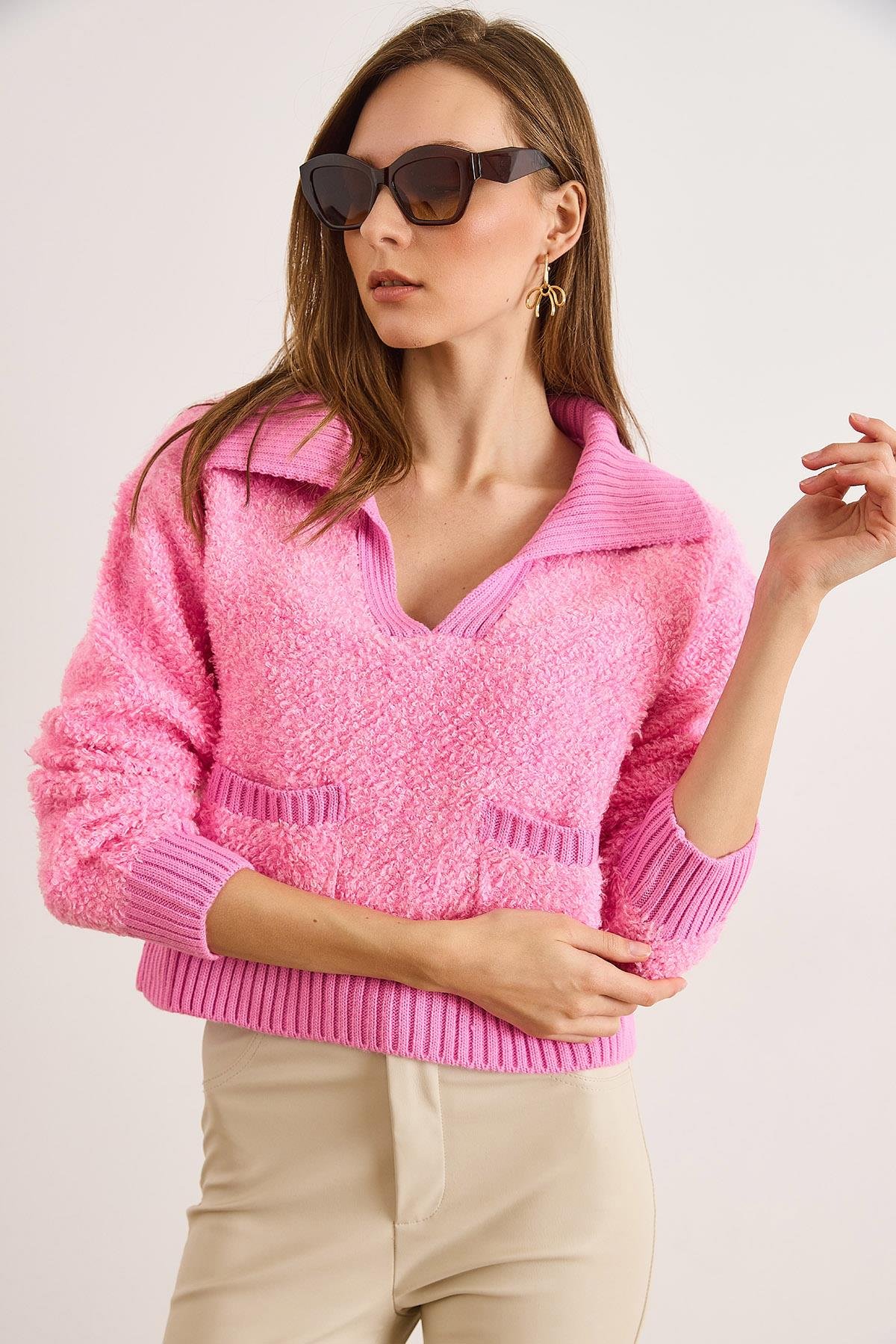 Polo Yaka Cepli Dokulu Crop Triko Kazak Pembe