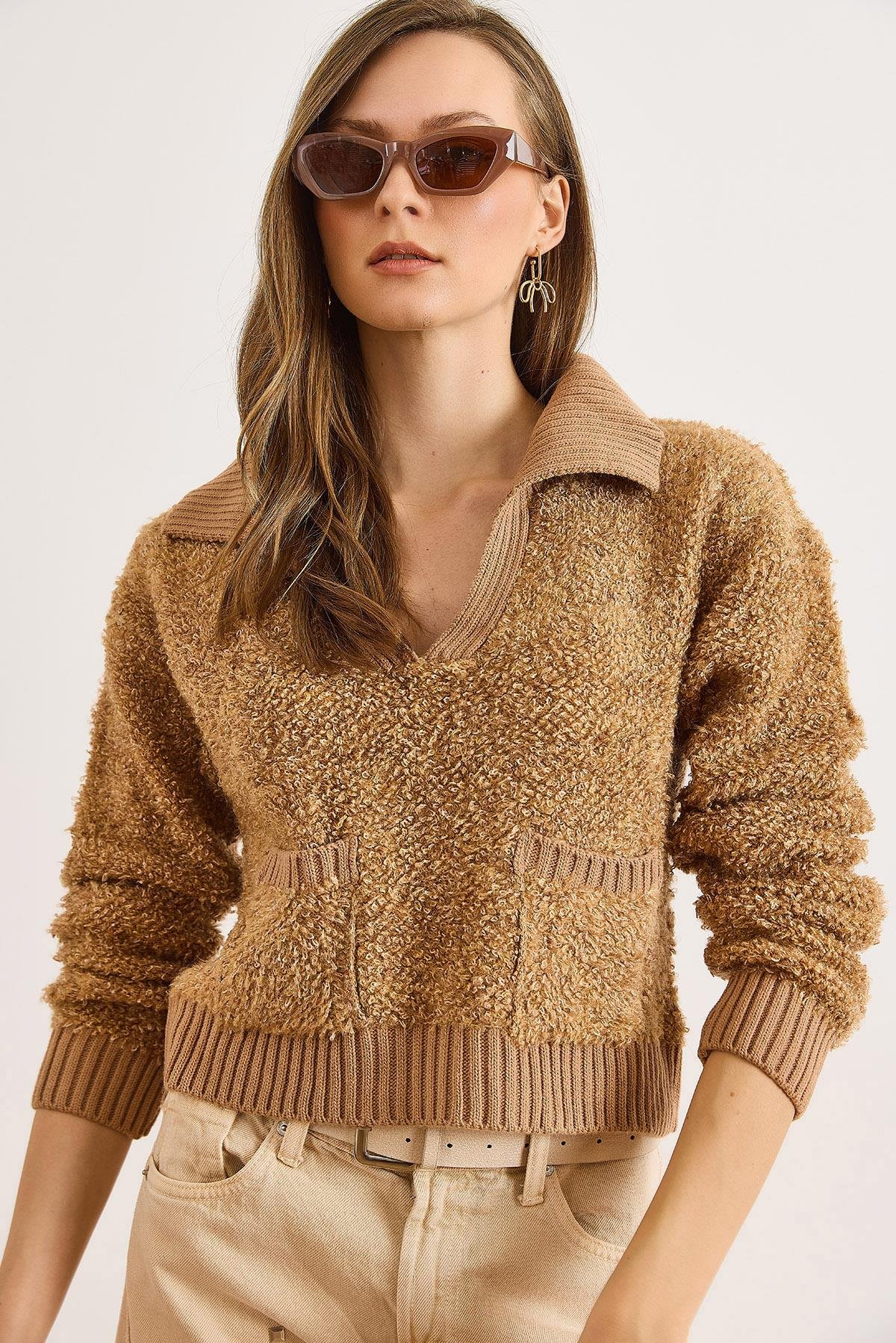 Polo Yaka Cepli Dokulu Crop Triko Kazak Camel