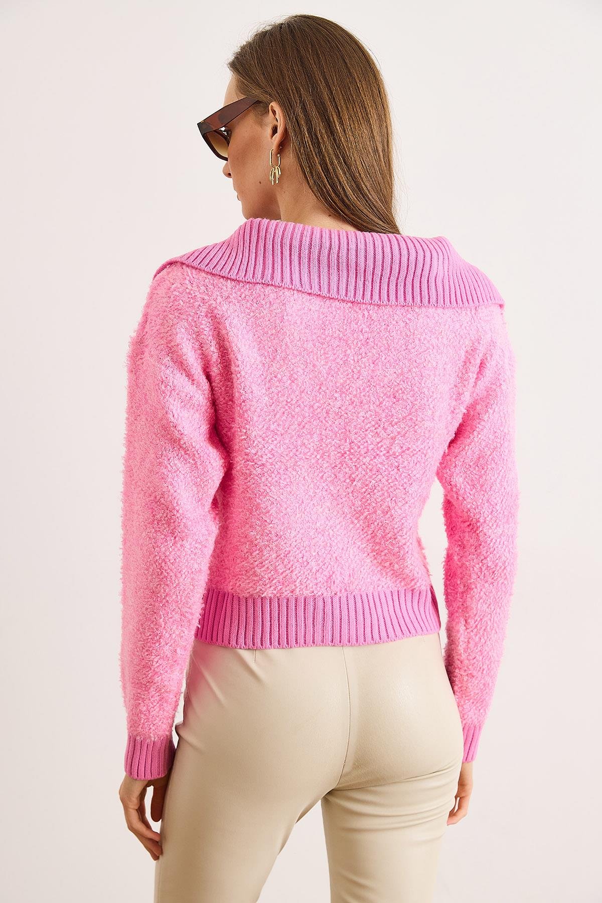 Polo Yaka Cepli Dokulu Crop Triko Kazak Pembe