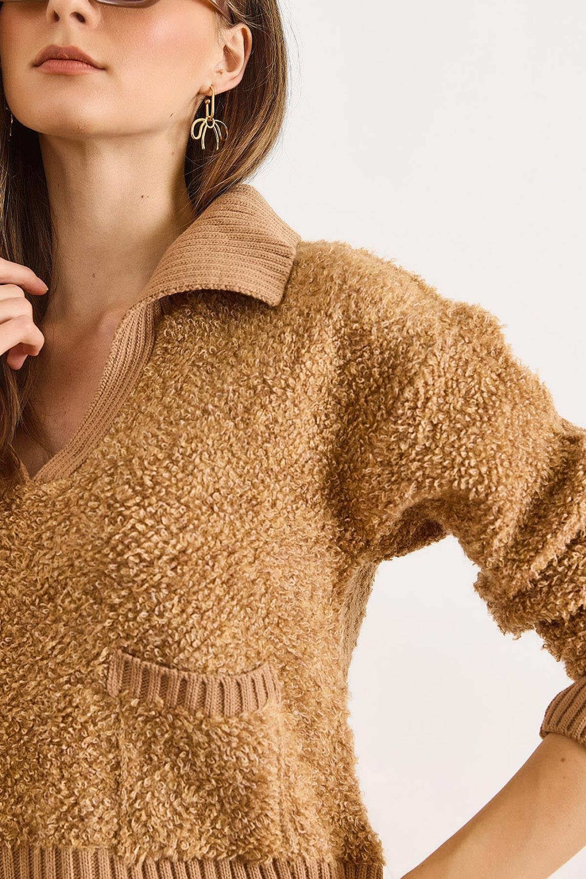 Polo Yaka Cepli Dokulu Crop Triko Kazak Camel