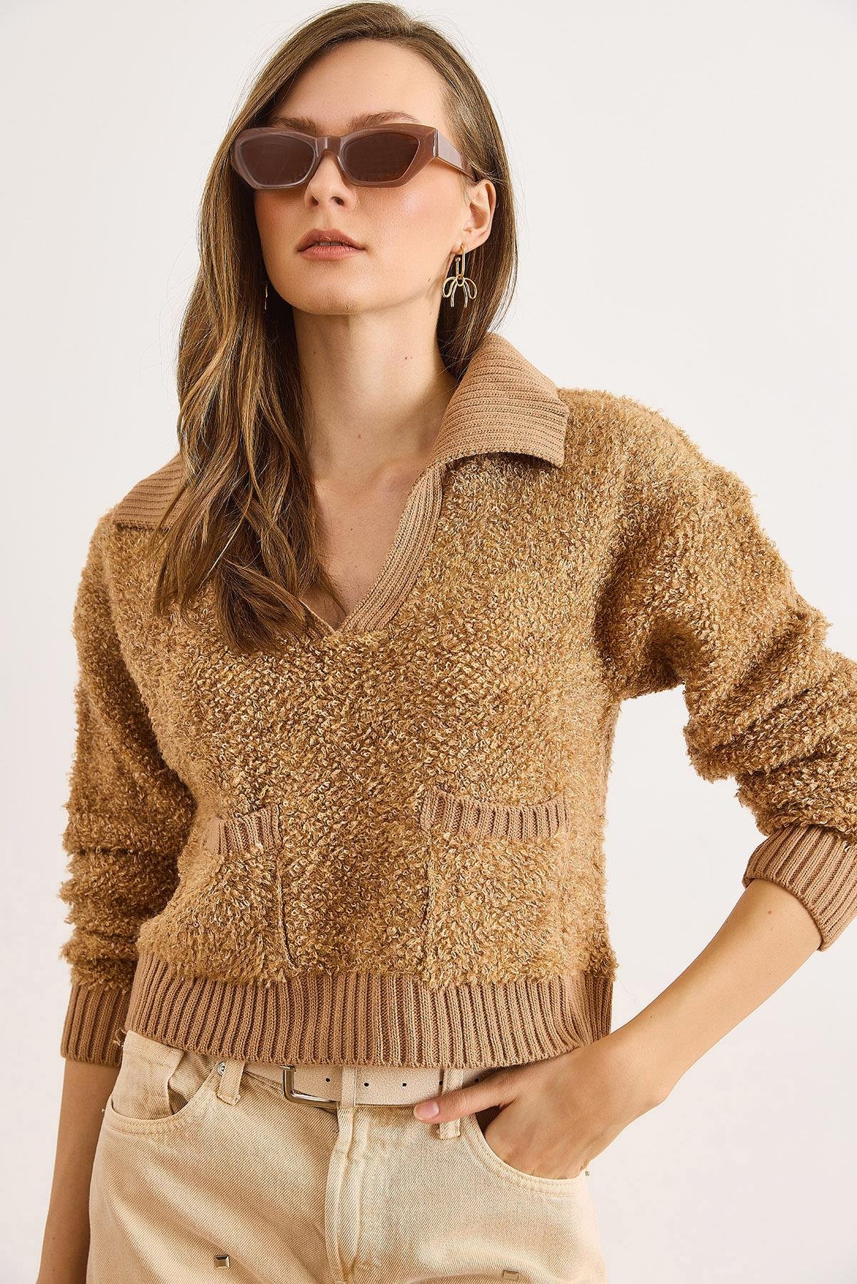 Polo Yaka Cepli Dokulu Crop Triko Kazak Camel
