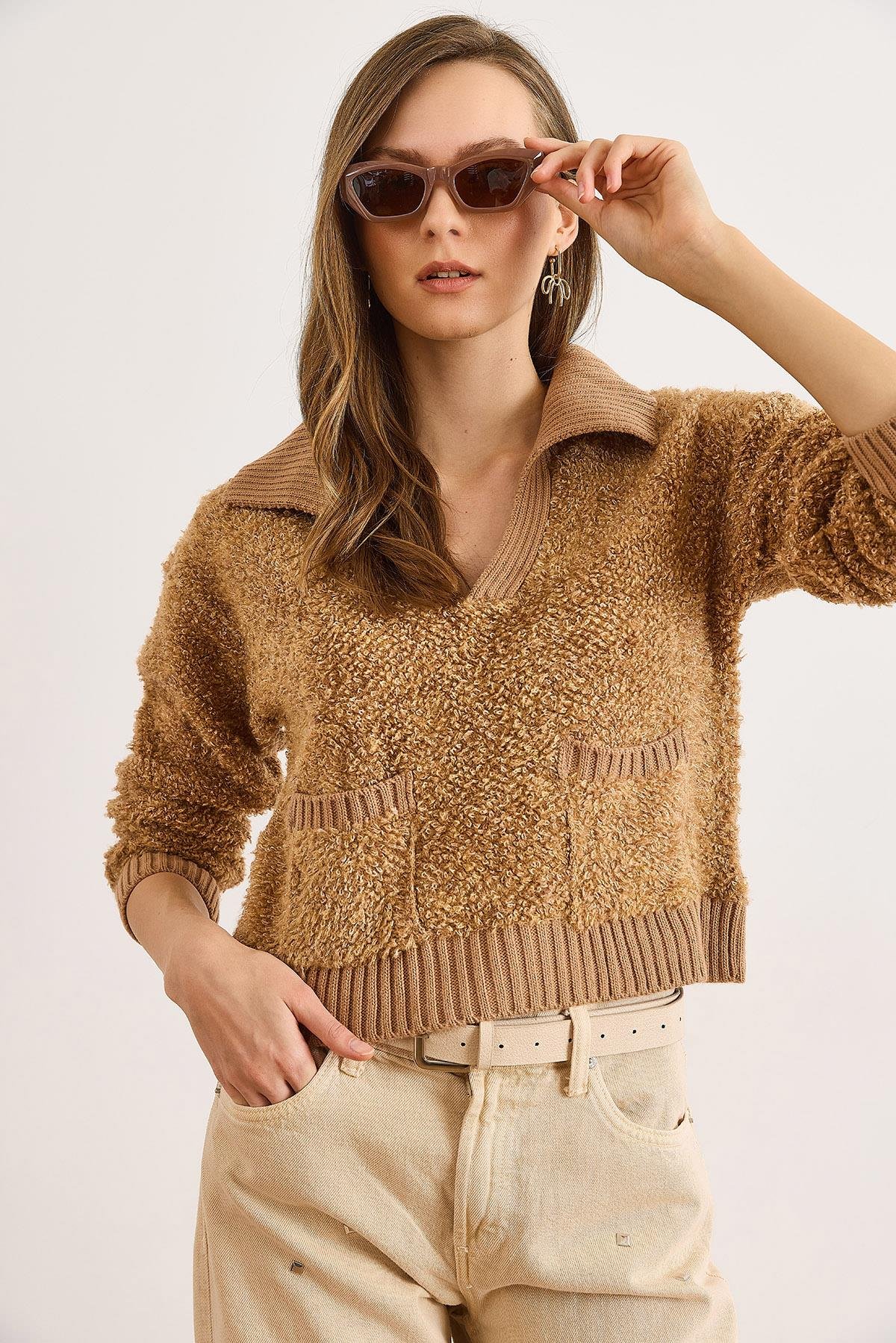 Polo Yaka Cepli Dokulu Crop Triko Kazak Camel