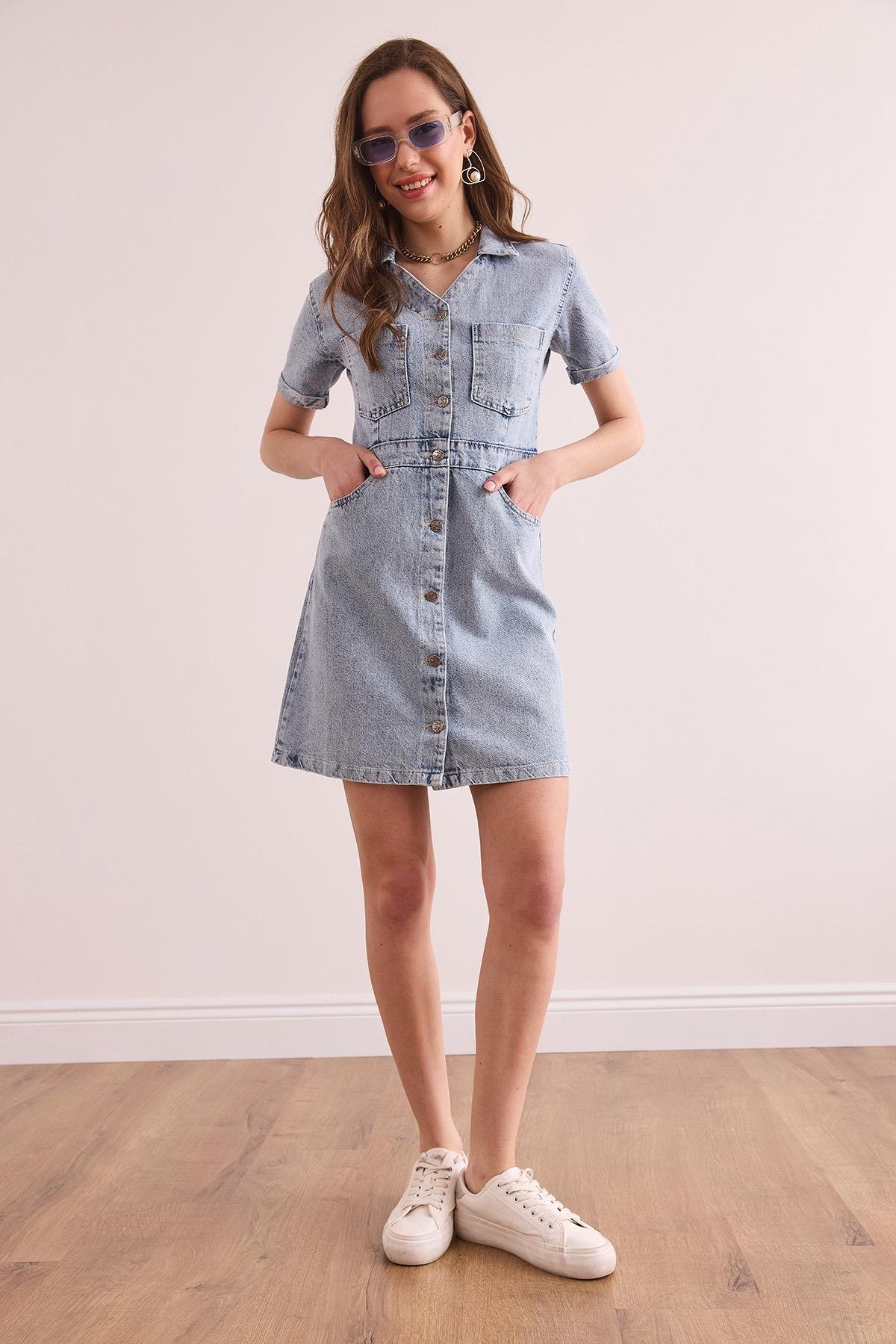 Polo Yaka Cepli Mini Denim Elbise 1528 Açık Mavi