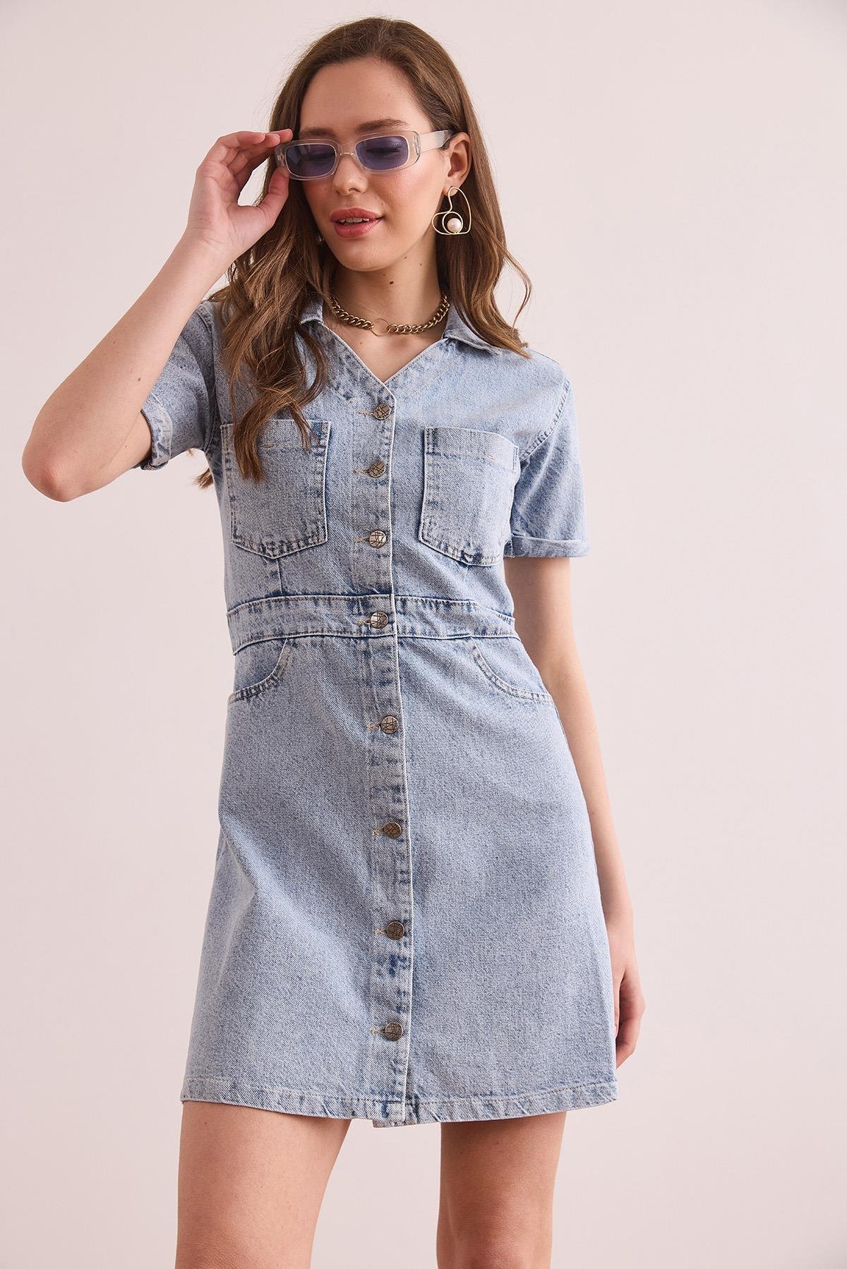 Polo Yaka Cepli Mini Denim Elbise 1528 Açık Mavi
