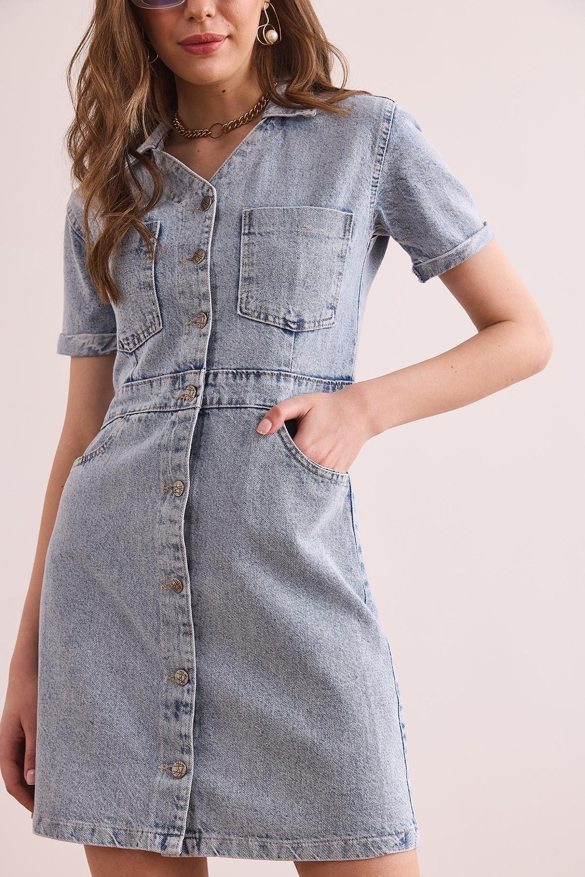 Polo Yaka Cepli Mini Denim Elbise 1528 Açık Mavi