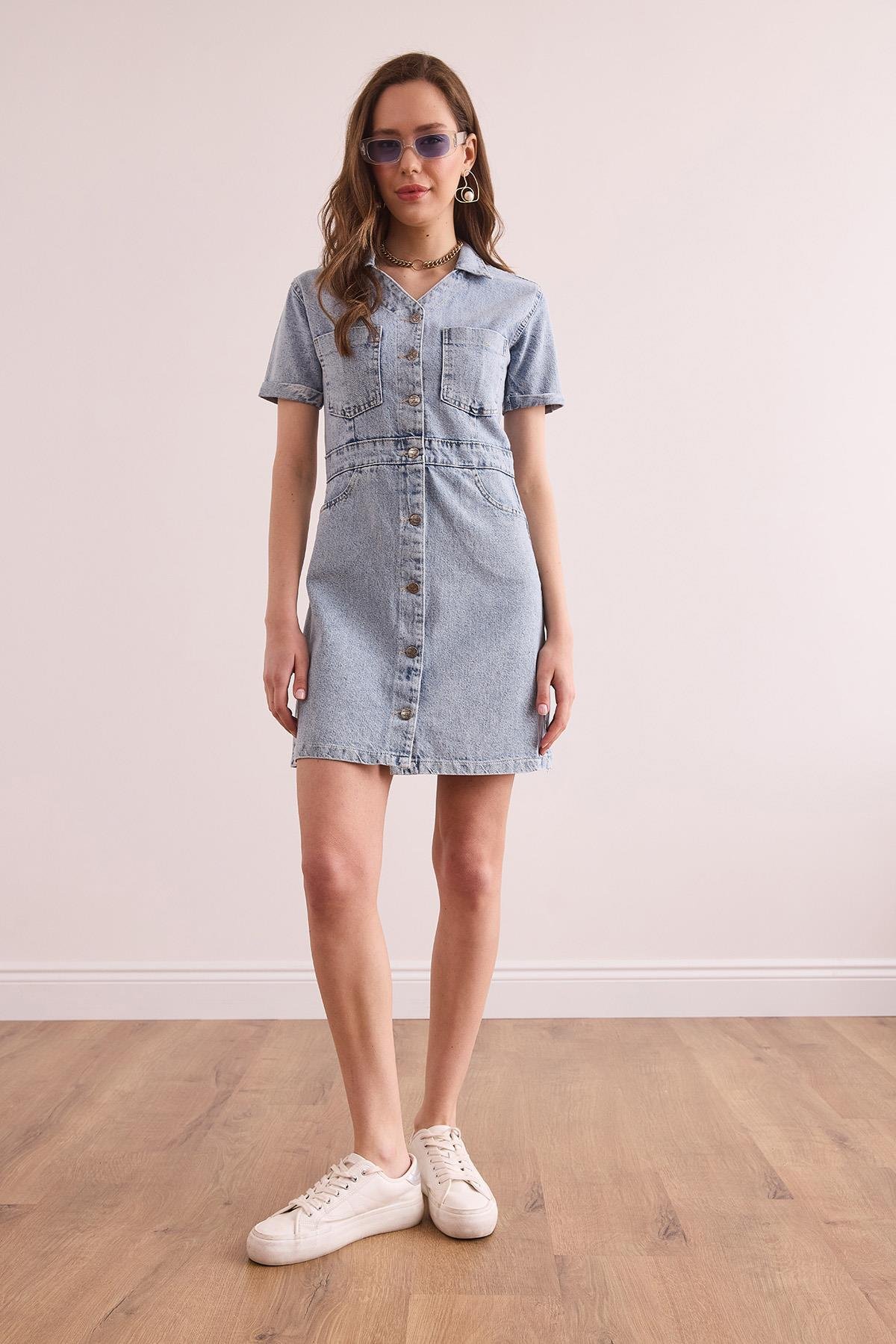 Polo Yaka Cepli Mini Denim Elbise 1528 Açık Mavi