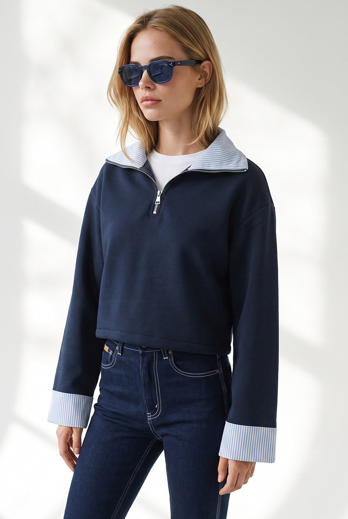 Polo Yaka Çizgi Detaylı Garnili Crop Sweatshirt Lacivert