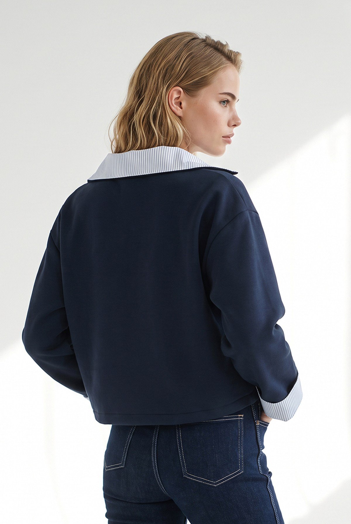 Polo Yaka Çizgi Detaylı Garnili Crop Sweatshirt Lacivert
