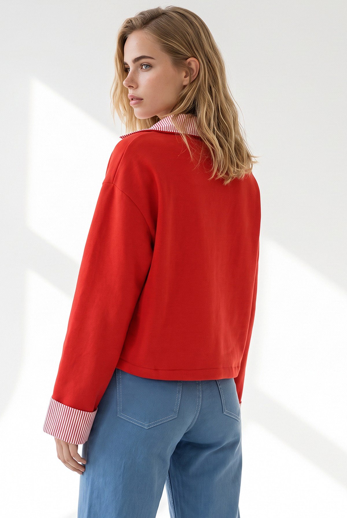 Polo Yaka Çizgi Detaylı Garnili Crop Sweatshirt Kırmızı