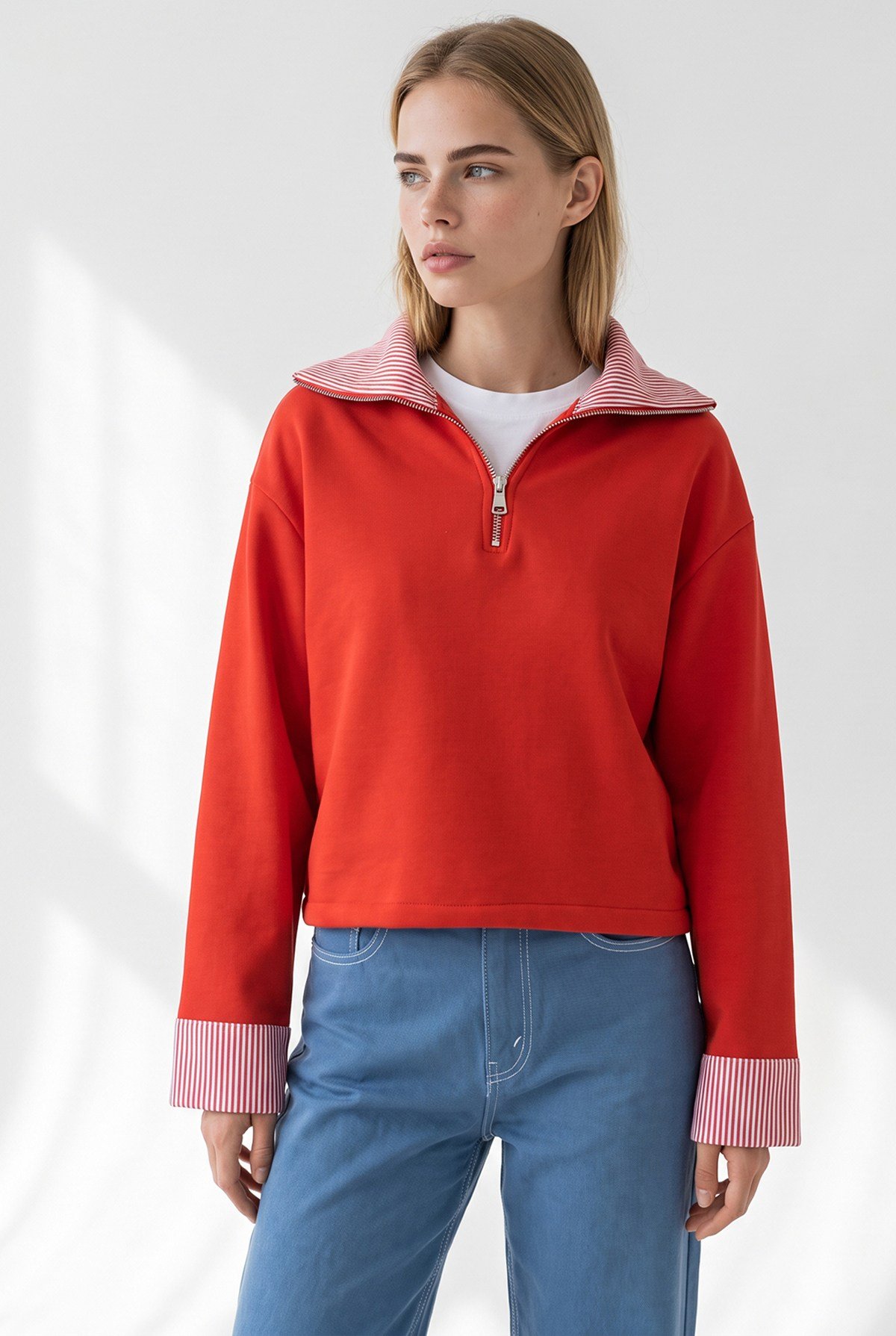 Polo Yaka Çizgi Detaylı Garnili Crop Sweatshirt Kırmızı