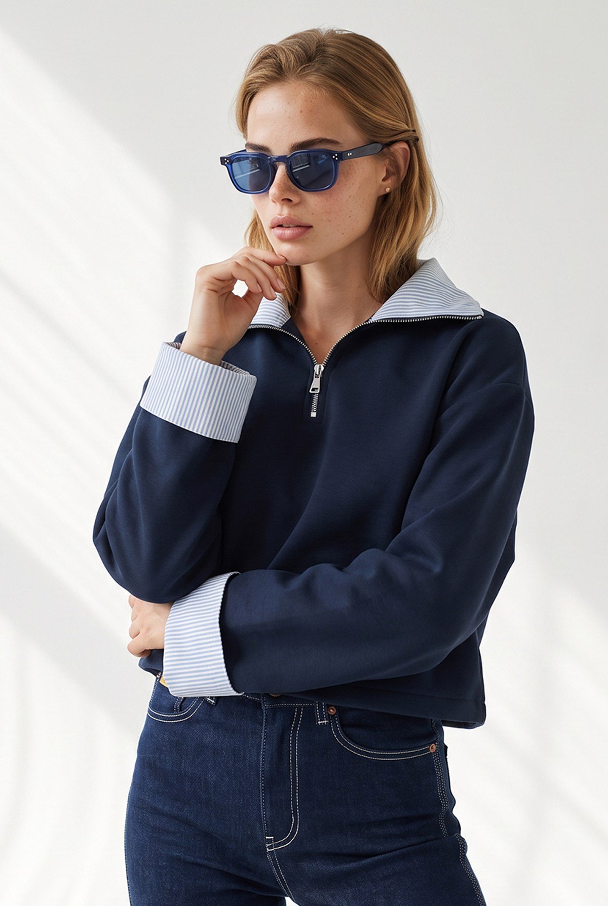 Polo Yaka Çizgi Detaylı Garnili Crop Sweatshirt Lacivert