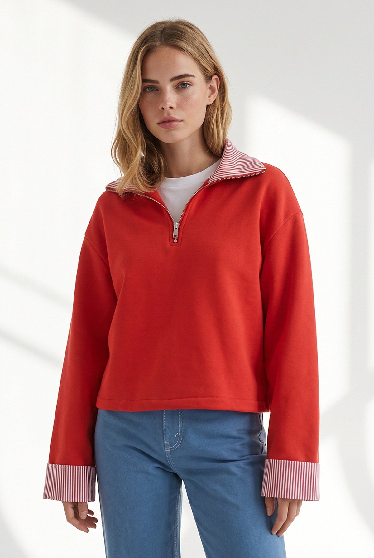 Polo Yaka Çizgi Detaylı Garnili Crop Sweatshirt Kırmızı