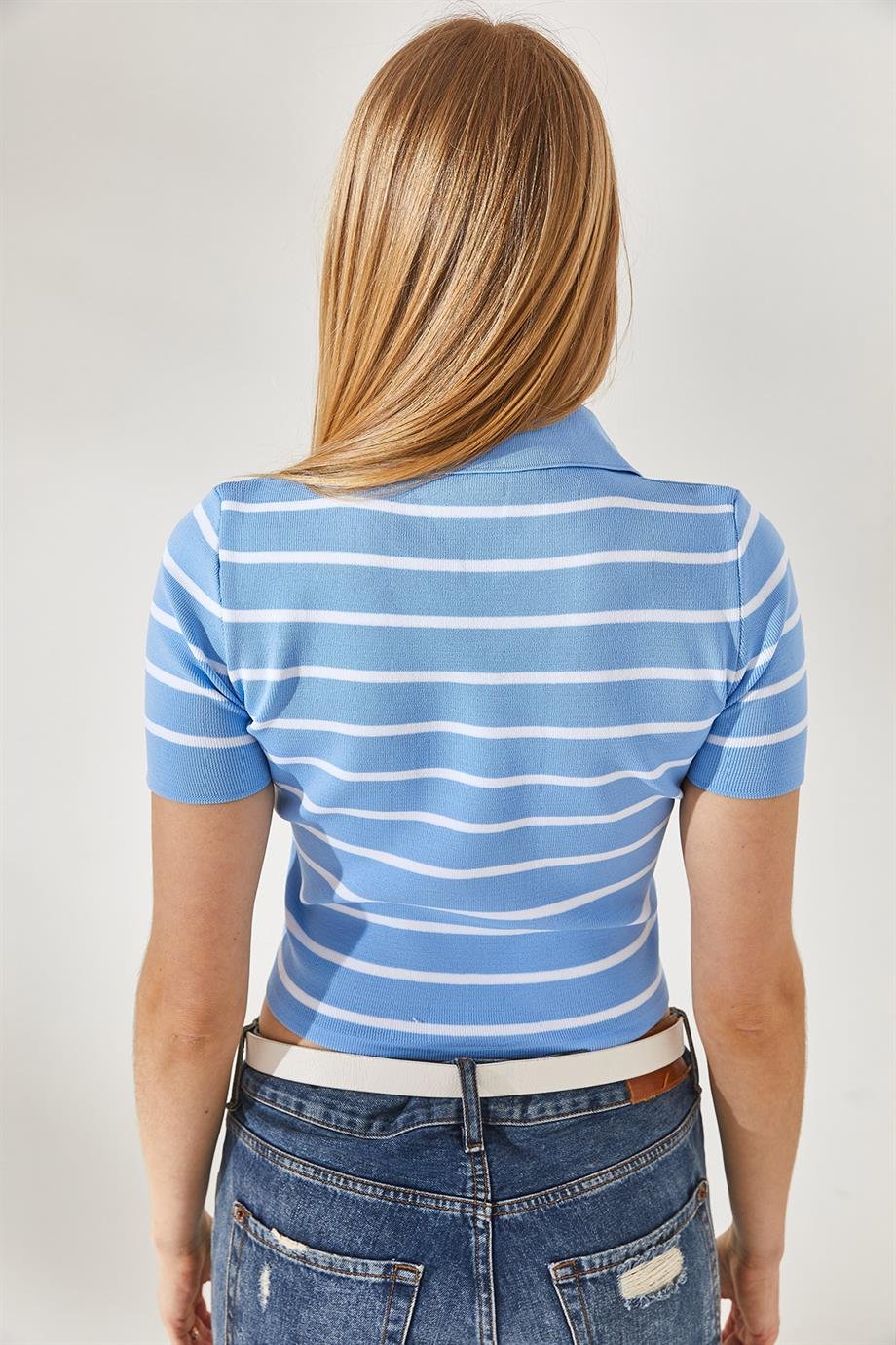 Polo Yaka Çizgili Crop Triko Bluz Bebe Mavi
